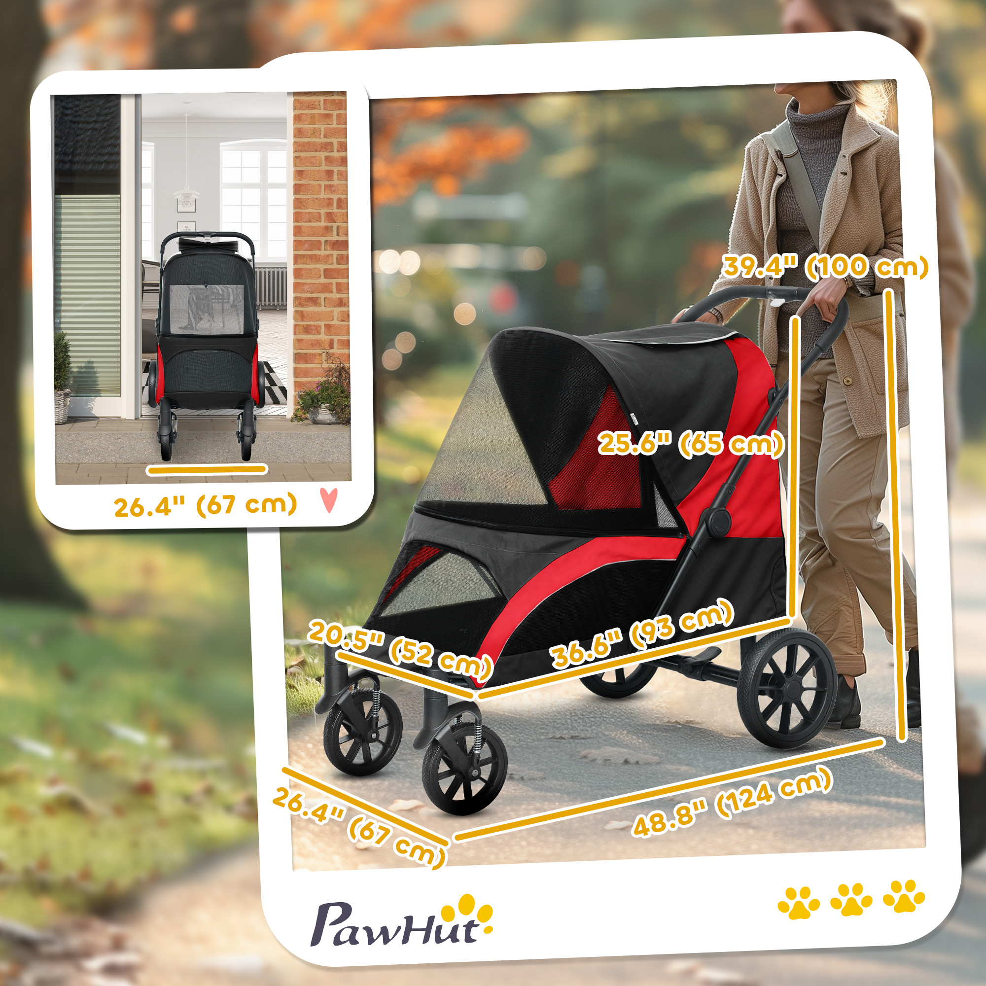 Foldable Pet Stroller for Medium Dogs with Four Big Wheels, Shock-Absorbing Frame, Safety Leashes, Brakes, Black