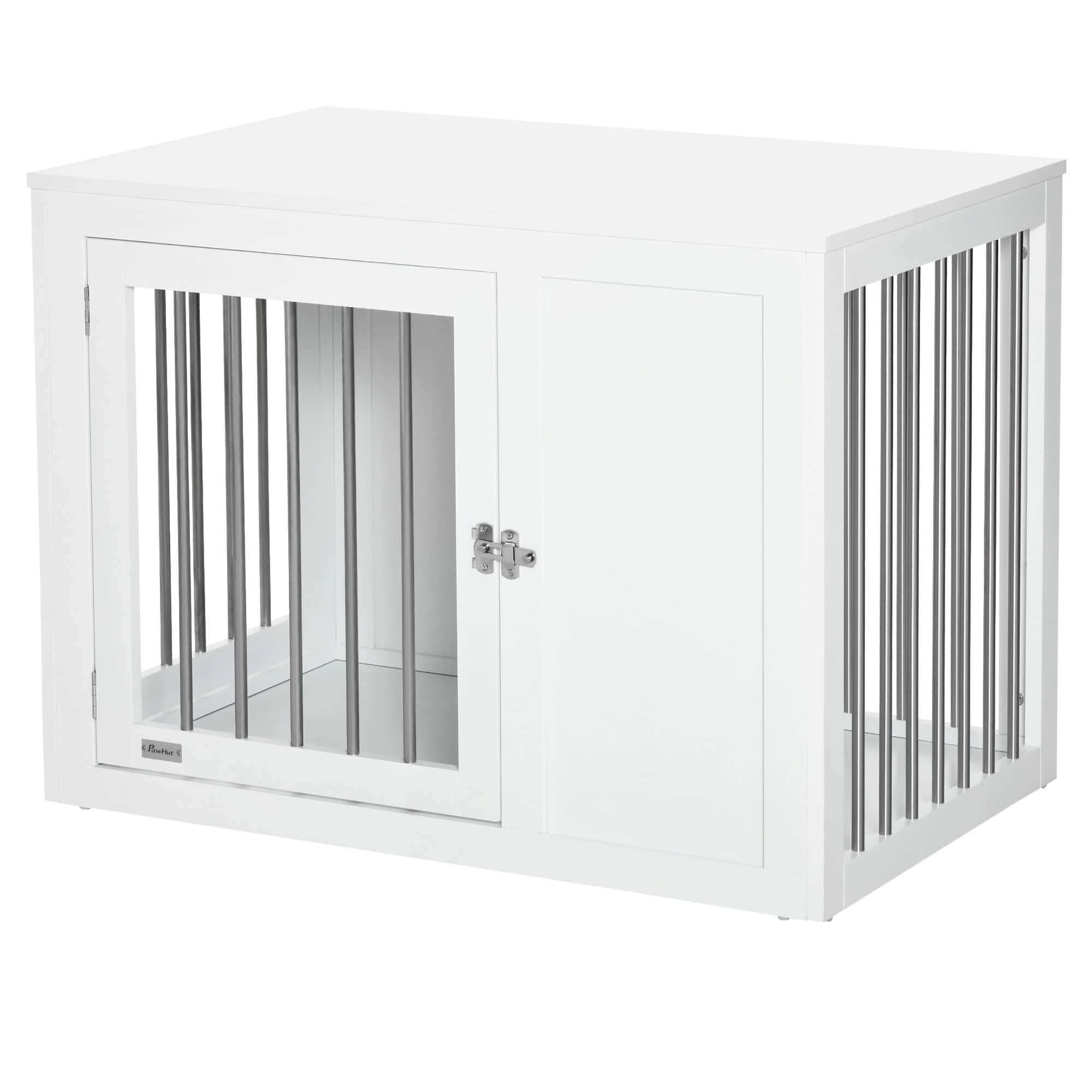 2-in-1 Dog Cage and Side Table, with Two Lockable Doors, for Medium Dogs - White