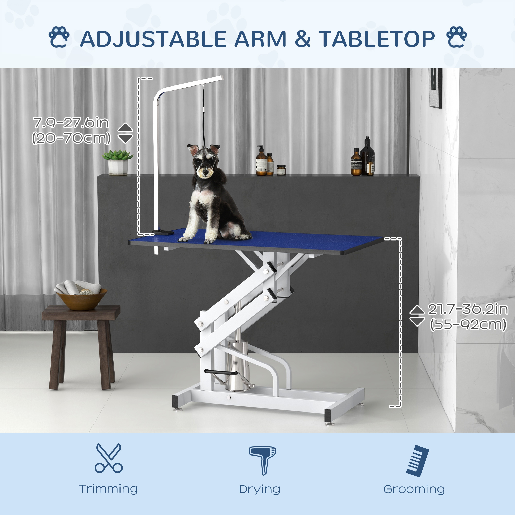 Pet Grooming Table, Height Adjustable Dog Grooming Table with Arm, Noose and Non-Slip Grooming Table, Blue