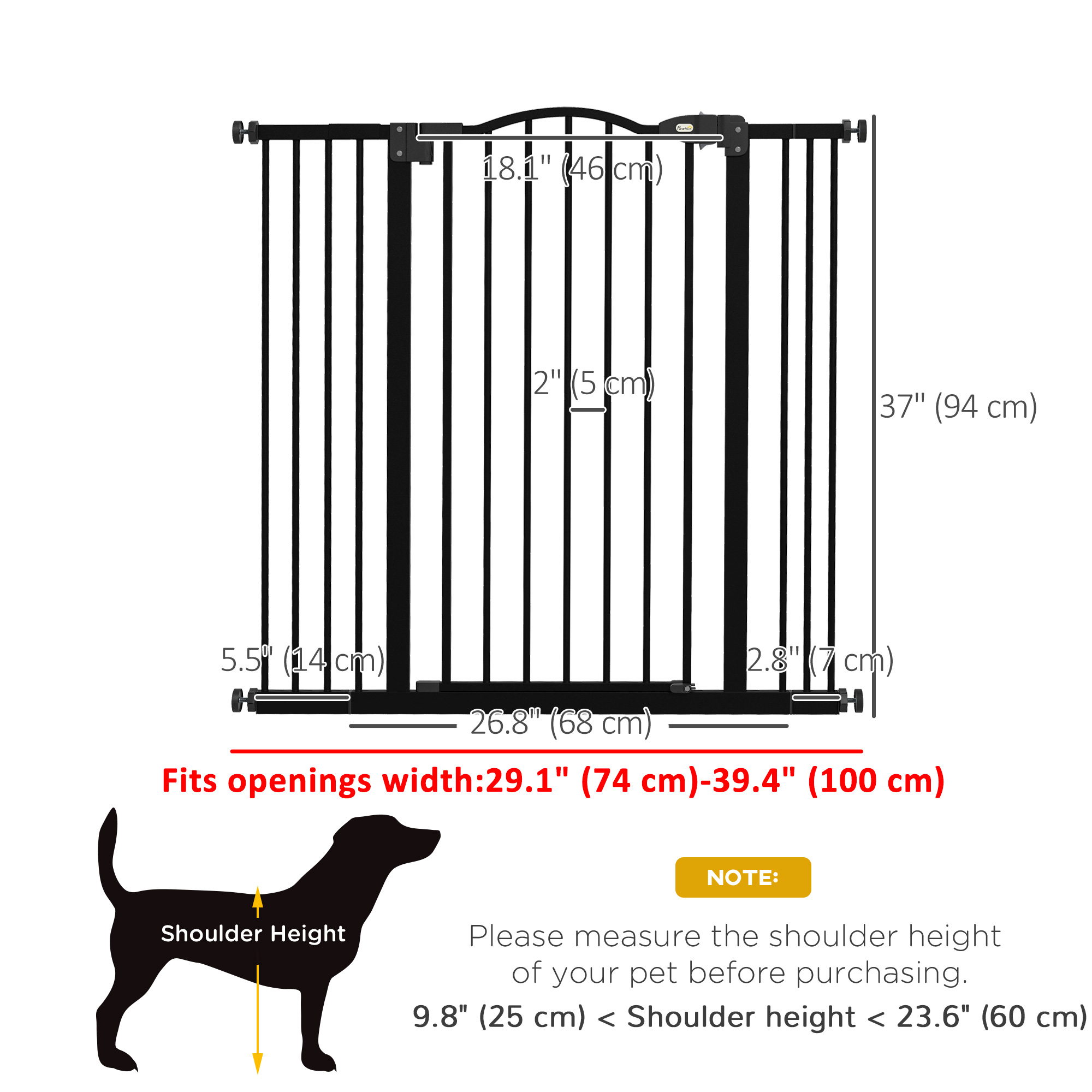 Extra Tall Dog Gate with Door, Pressure Fit, Auto Close, Double Locking for Doorways Hallways Stairs, 29"-39", Black