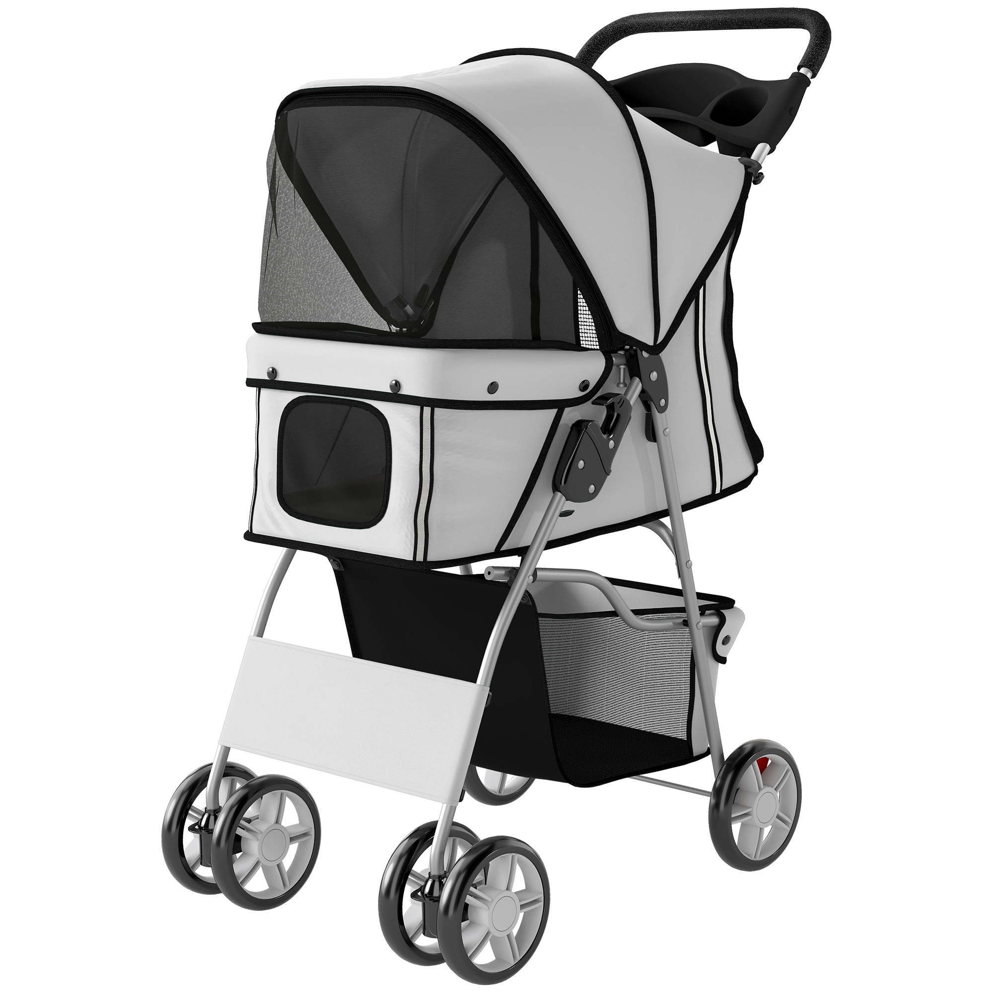Pet Stroller for Dogs & Cats, Foldable Dog Stroller with Wheels, Reflective Strips, Brake, Pad and Basket, Grey