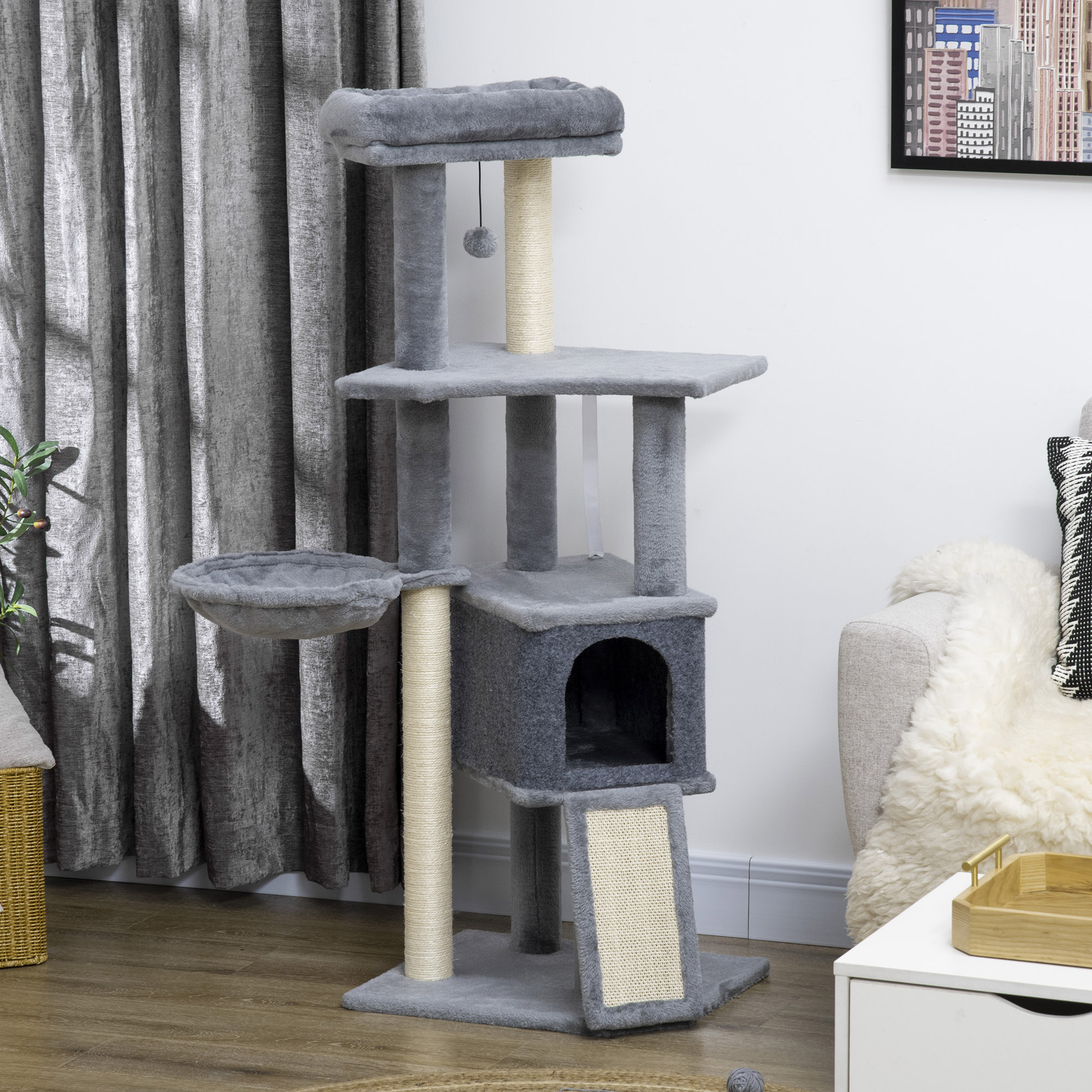50 Inch Cat Tree, Multi-Level Cat Tower with Sisal Scratching Posts and Ramp, Bed, Condo, Hammock, Toy Ball, Grey