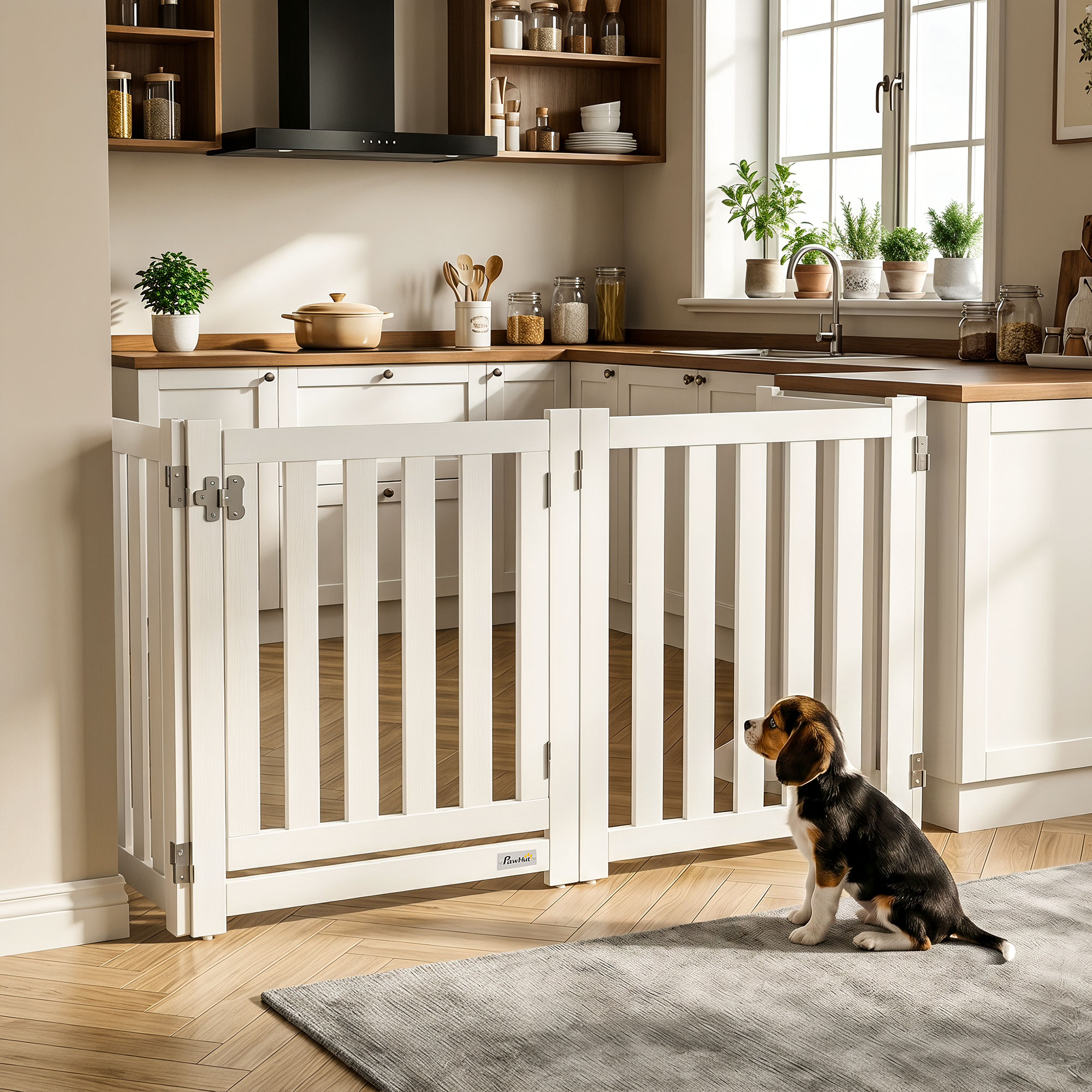 23.5"H Foldable Dog Gate with Door, 4 Panels Freestanding Pet Gate Barriers Indoor with Support Feet, Puppy Fence for Dogs, White