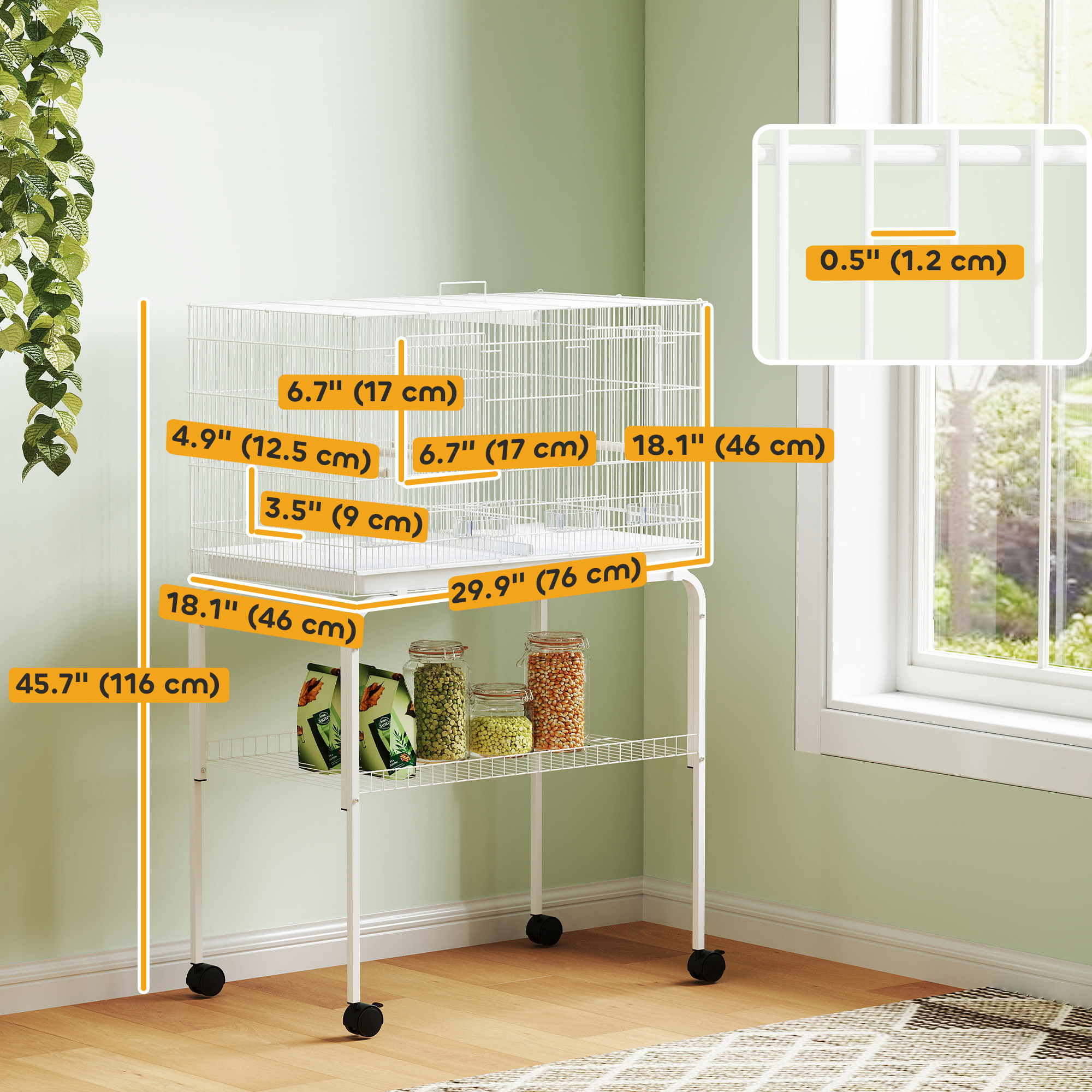 46" H Bird Cage, Large Parakeet Cage for Budgie, Lovebird, Canary, Finches with Divider, White