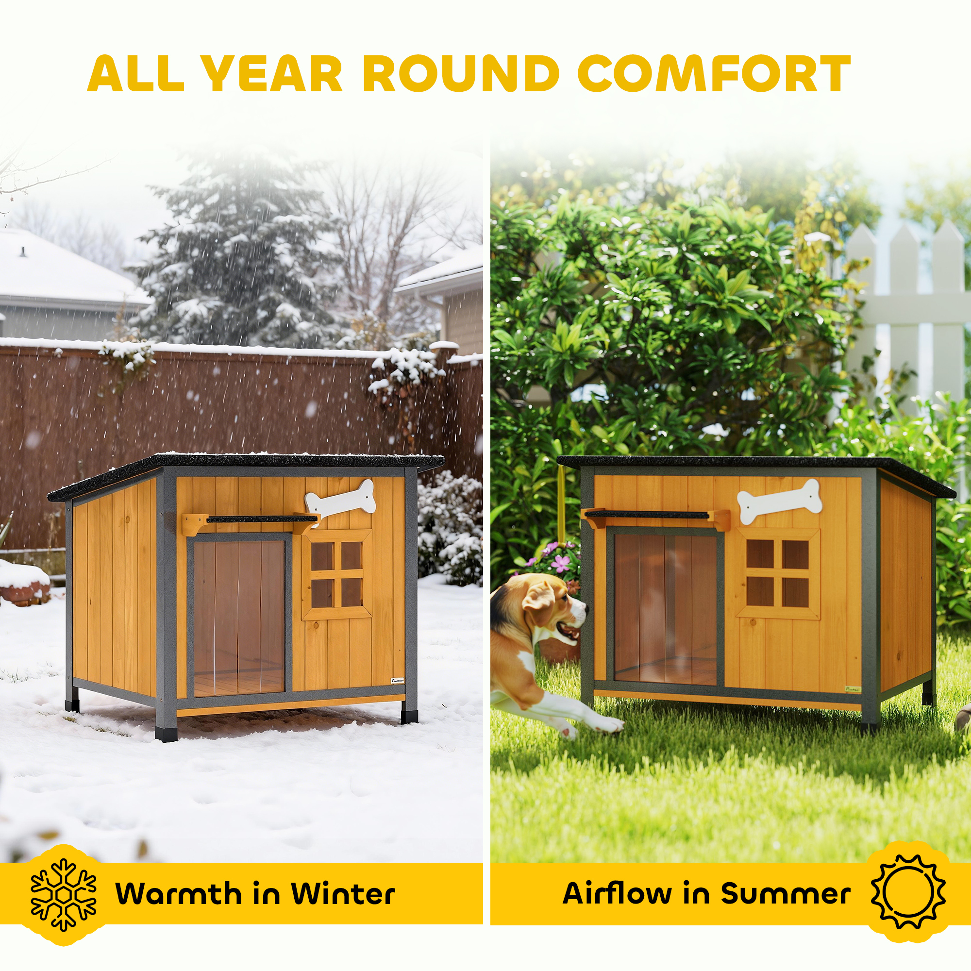 Outdoor Dog House with Anti-Chewing Steel Frame, Openable Roof, Removable Floor, Door Curtain, Yellow