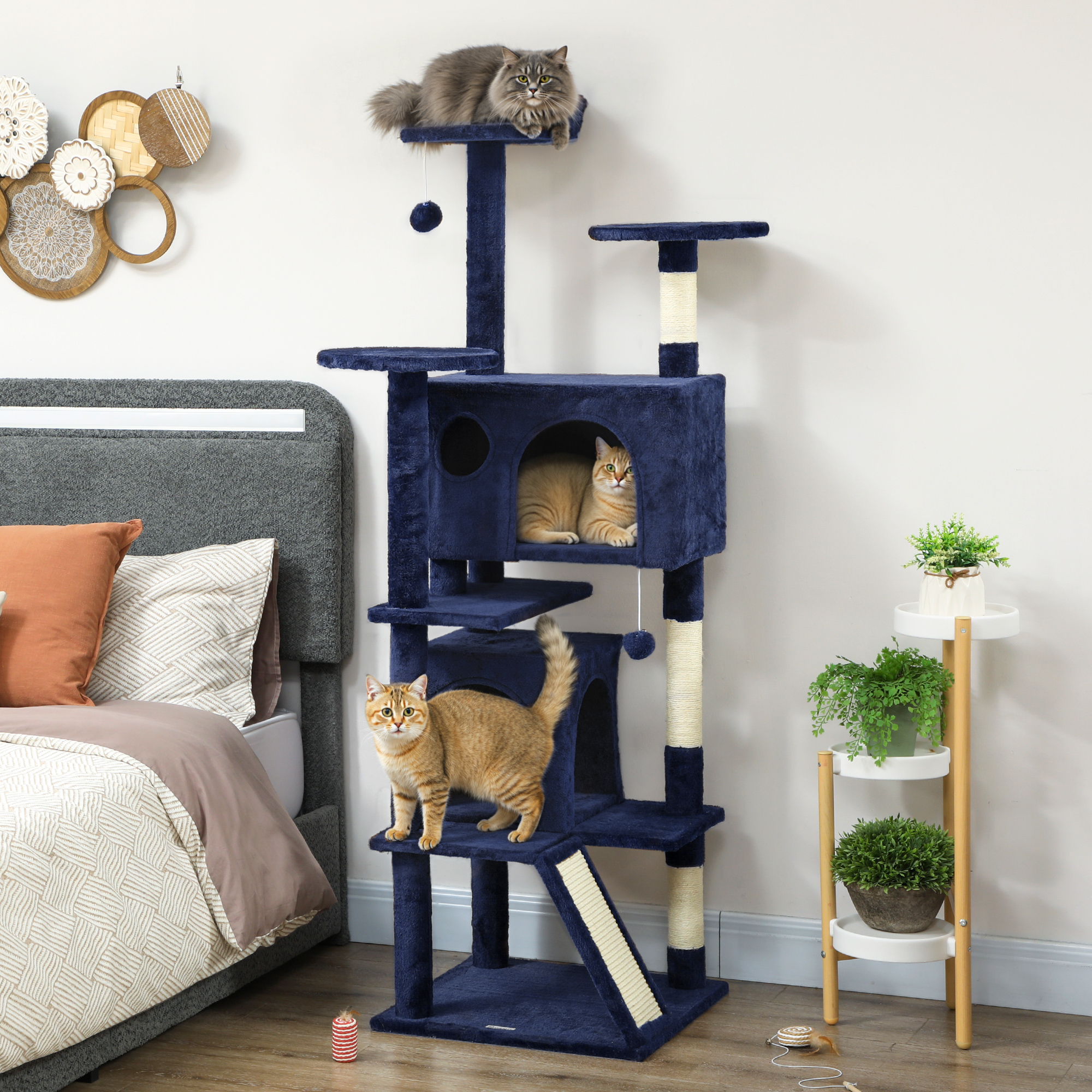63" Cat Tree, Multi-Level Cat Tower with Scratching Posts, Cat Condos, Bed, Platforms, Ramp, Toy Ball, Dark Blue