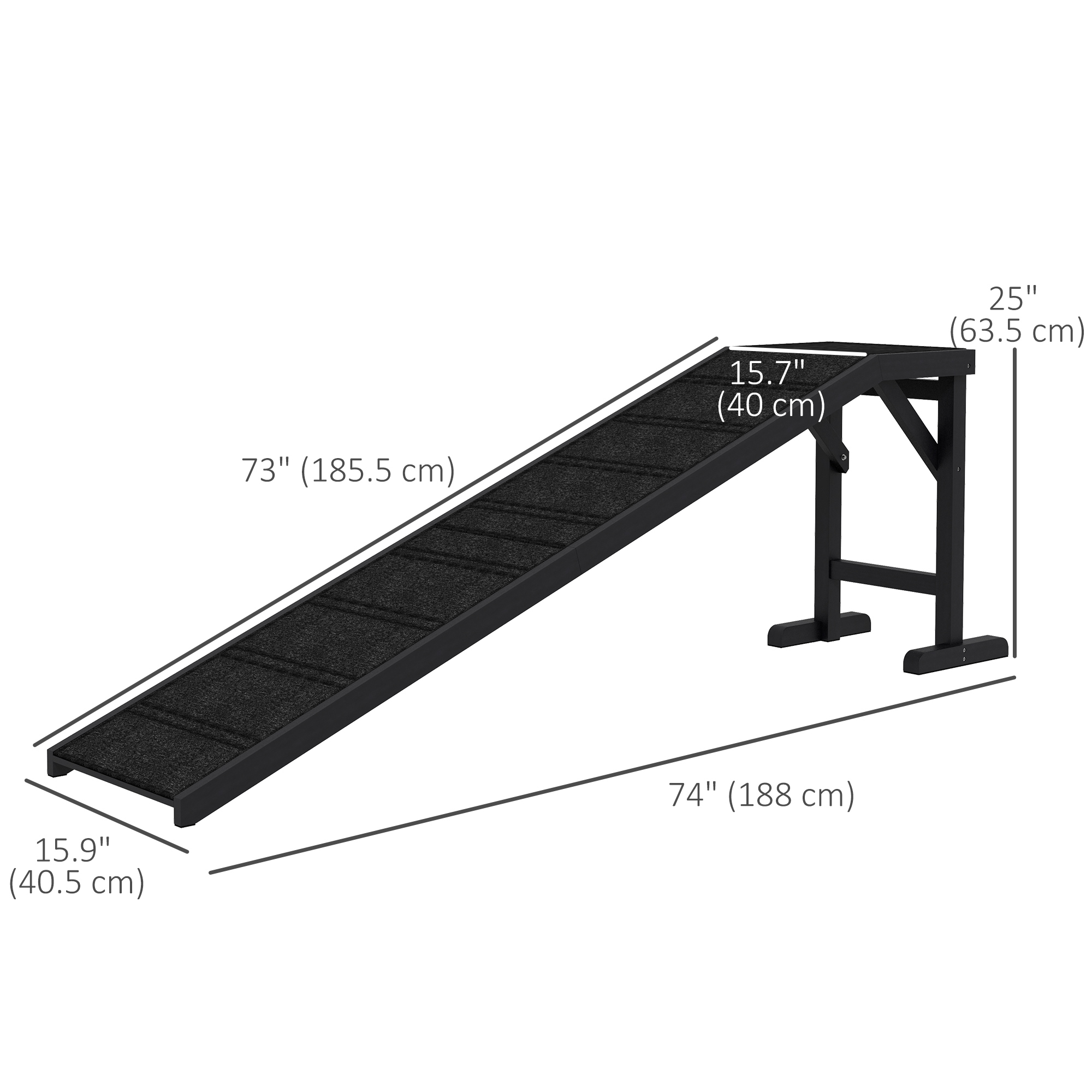 Pet Ramp Bed Steps for Dogs Cats Non-slip Carpet Top Platform Pine Wood 74"L x 16"W x 25"H Black