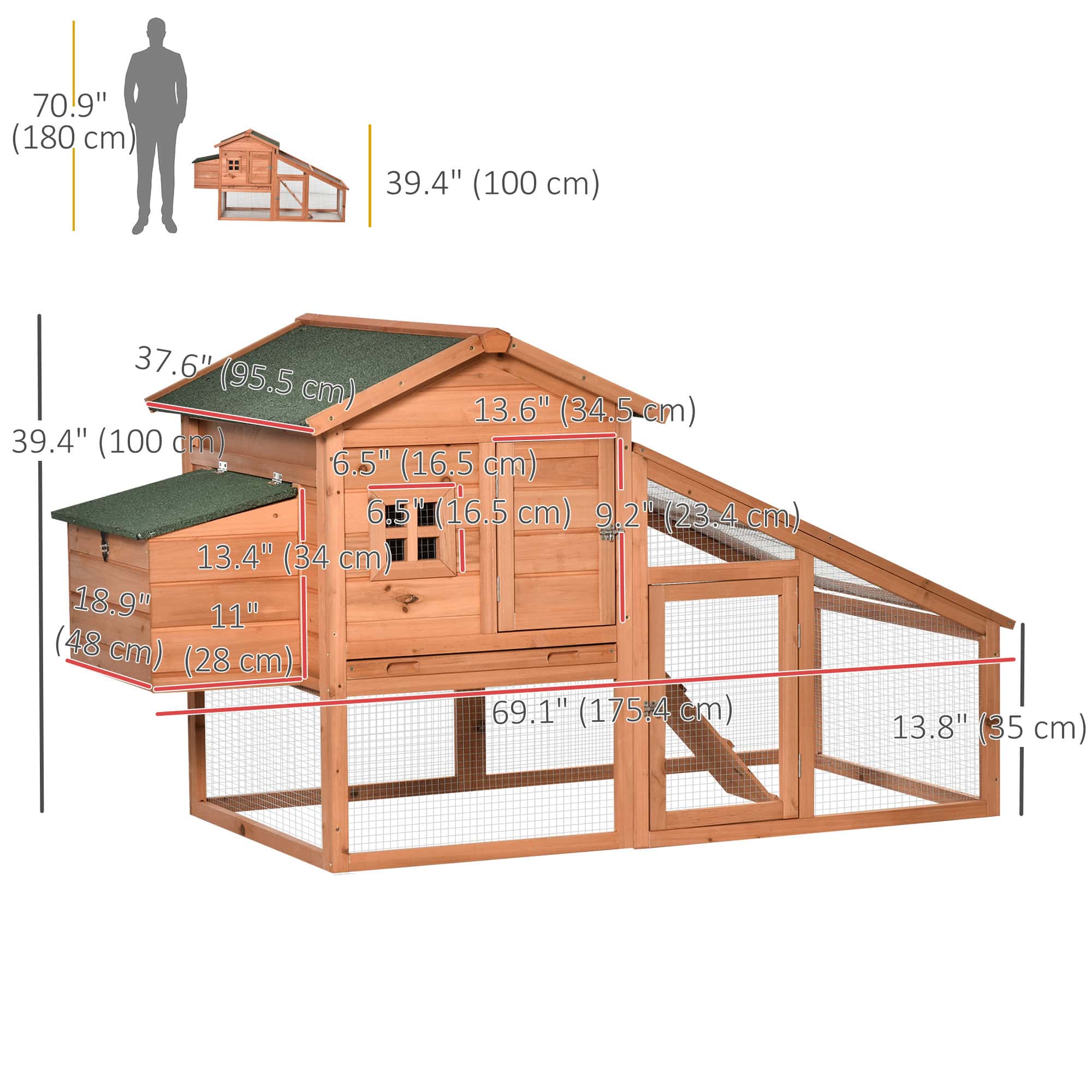 69" Chicken Coop Wooden Hen House Rabbit Hutch Poultry Cage Pen Outdoor Backyard with Outdoor Run Resting Nesting Box Removable Tray Waterproof Asphalt Roof Lockable Door Yellow and Green