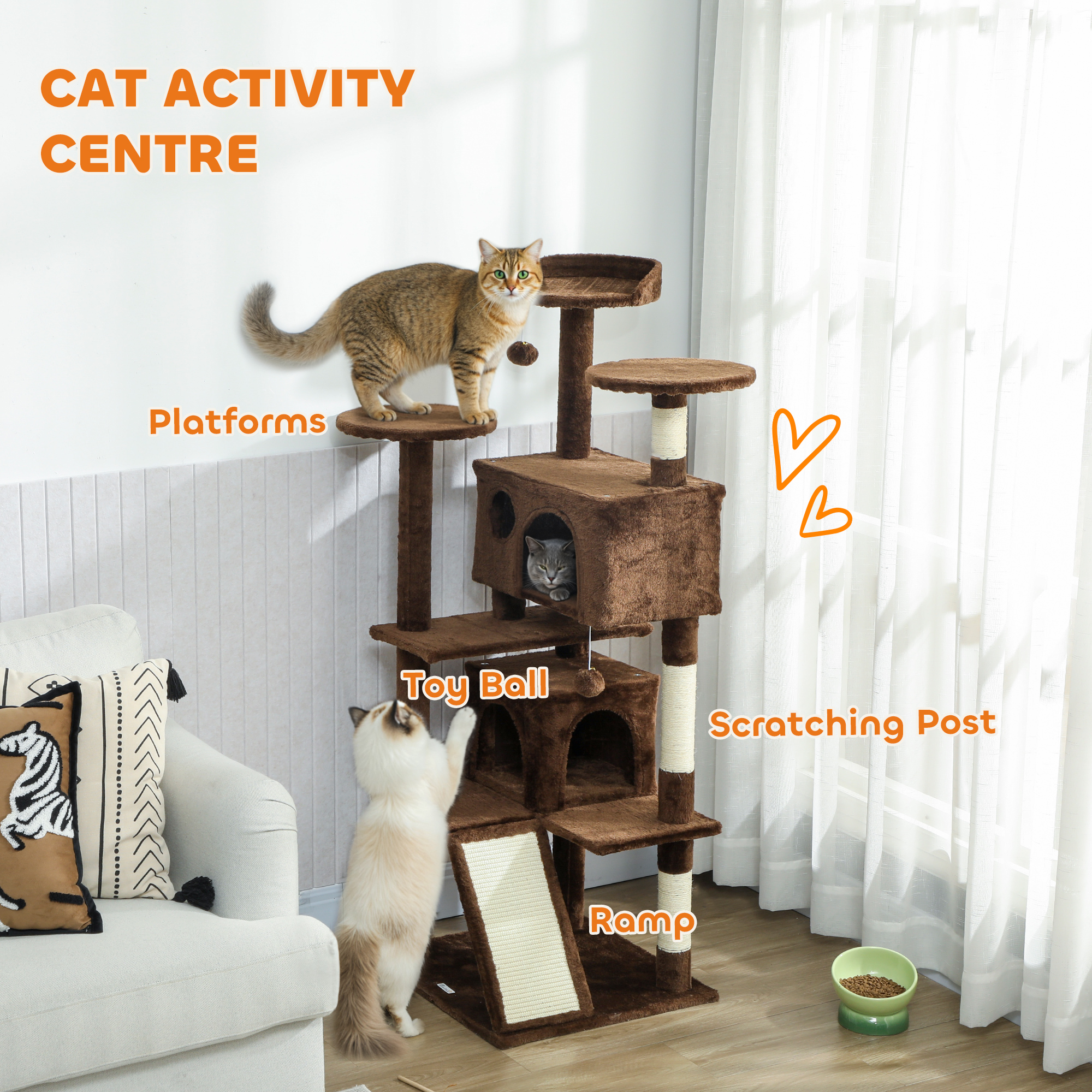 54" Cat Tree, Multi-Level Cat Tower with Scratching Posts, Cat Condos, Bed, Platforms, Ramp, Toy Ball, Light Brown