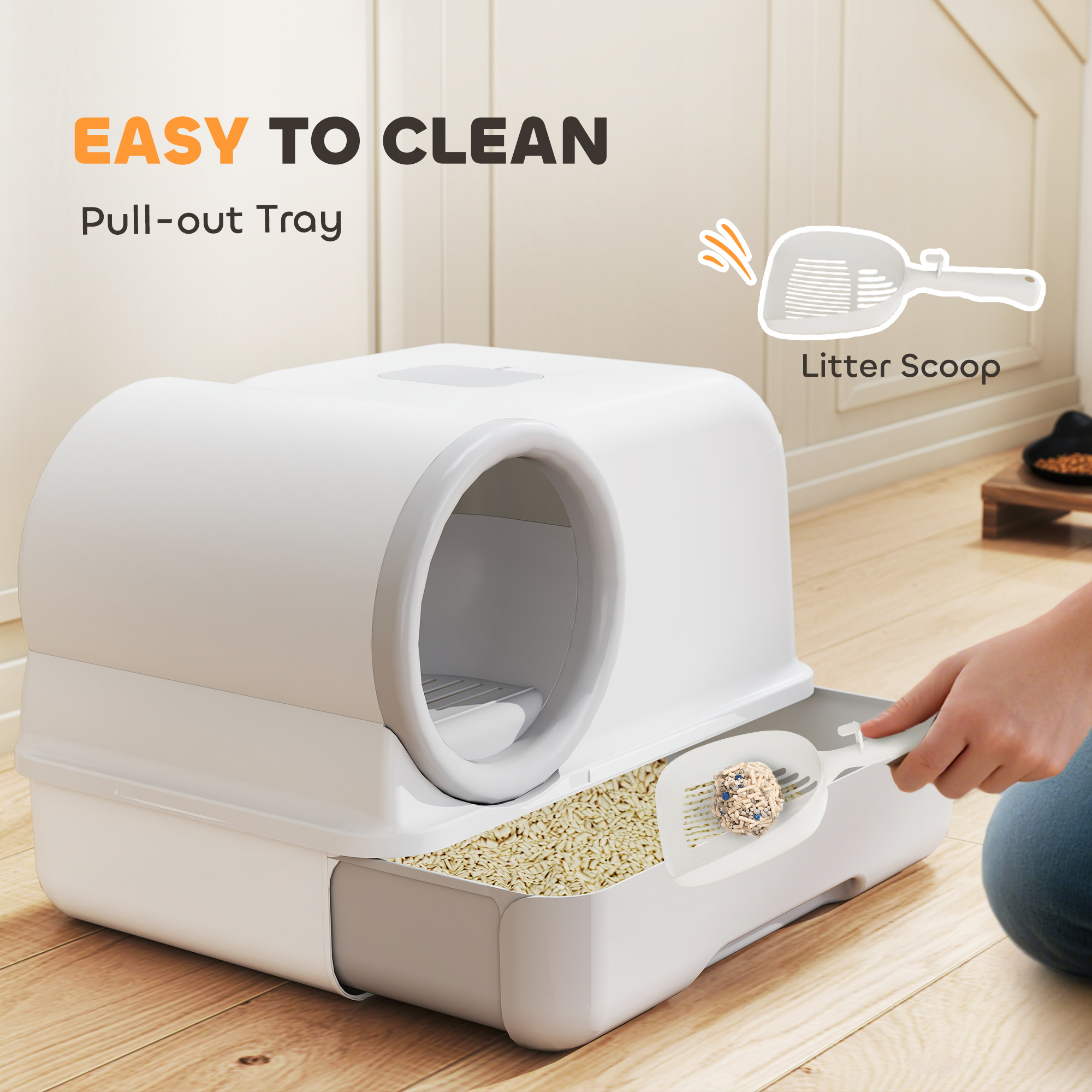 Cat Litter Box Easy Clean Drawer Odor Control Hooded Cat Litter Tray with Scoop White and Grey