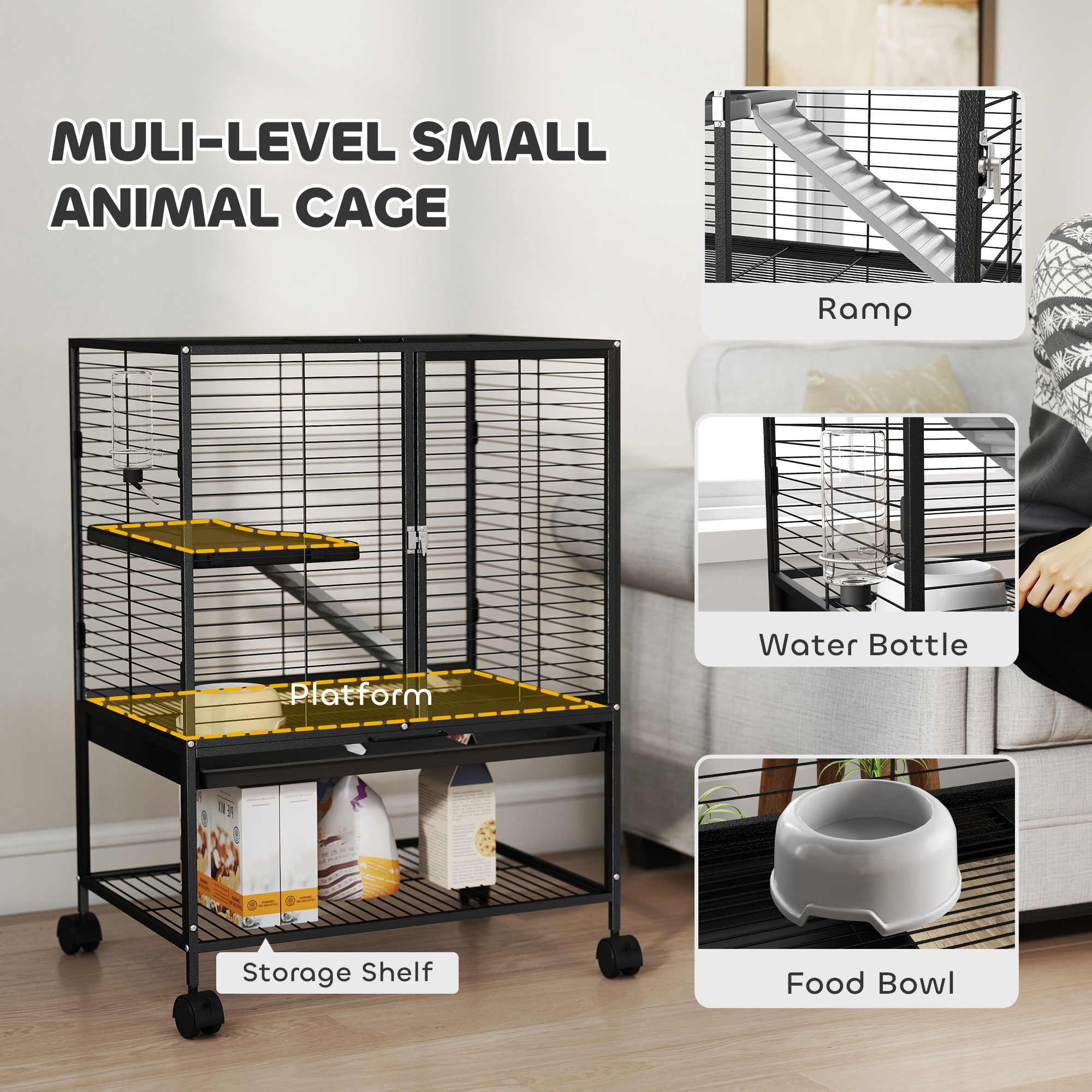 Rolling Small Animal Cage 34"H Chinchilla Cage for Ferrets, Squirrels w/ Removable Tray, Storage Shelf, Black
