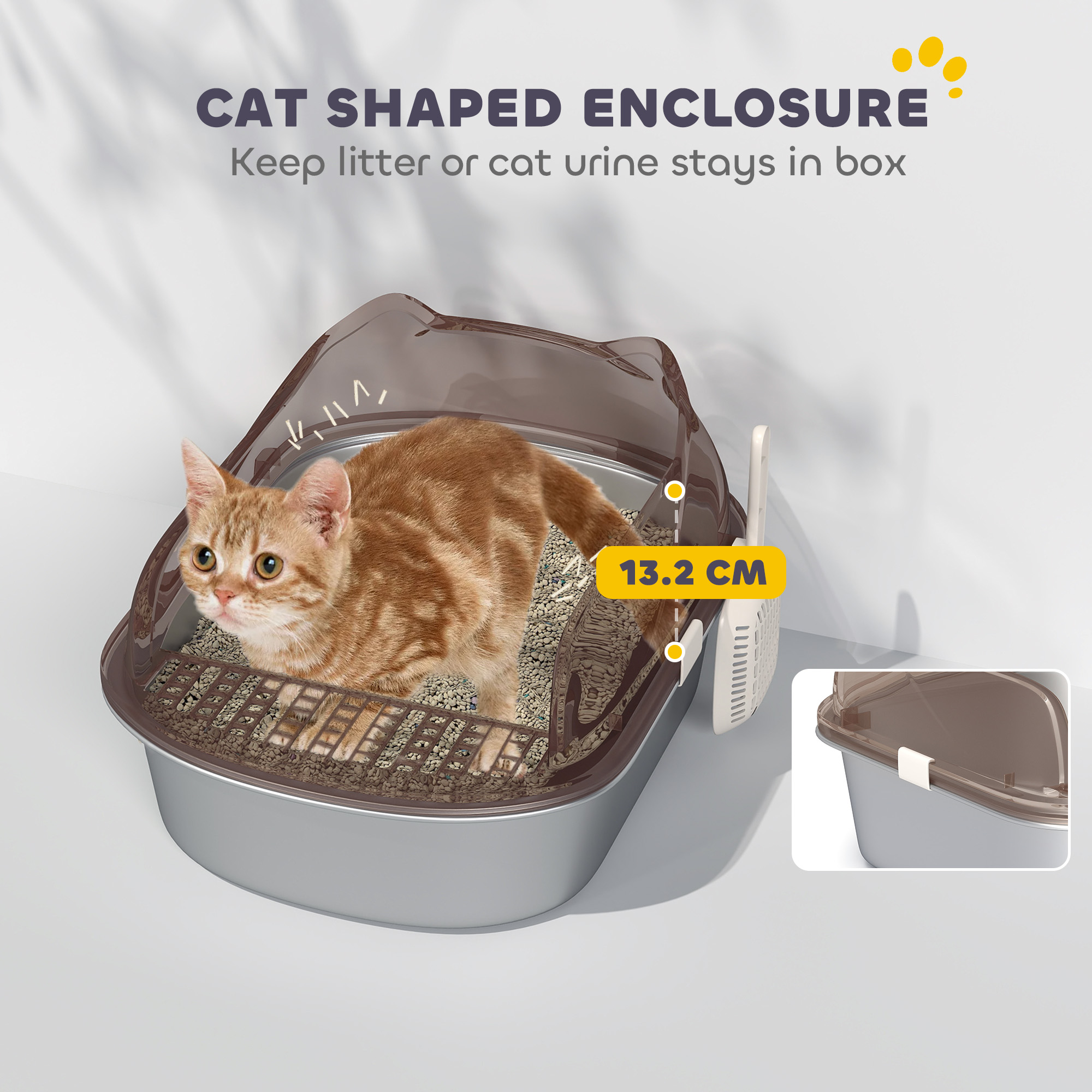 Stainless Steel Cat Litter Box with High Sided Enclosure, Scoop, Non-Sticky & Anti-Urine Leakage, Easy Cleaning