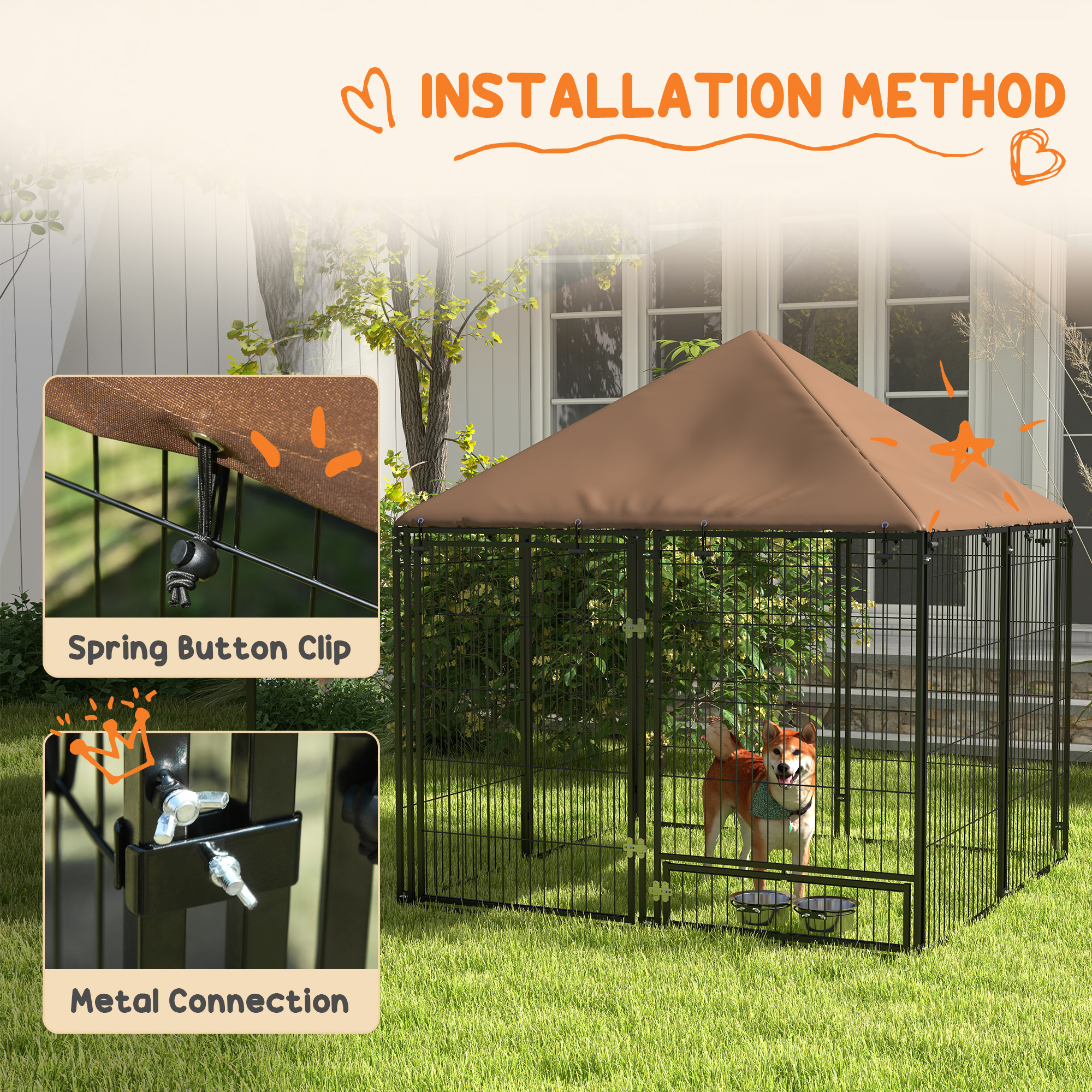 4.6' x 4.6' x 5' Outdoor Dog Kennel with Canopy, Rotating Bowls, Coffee