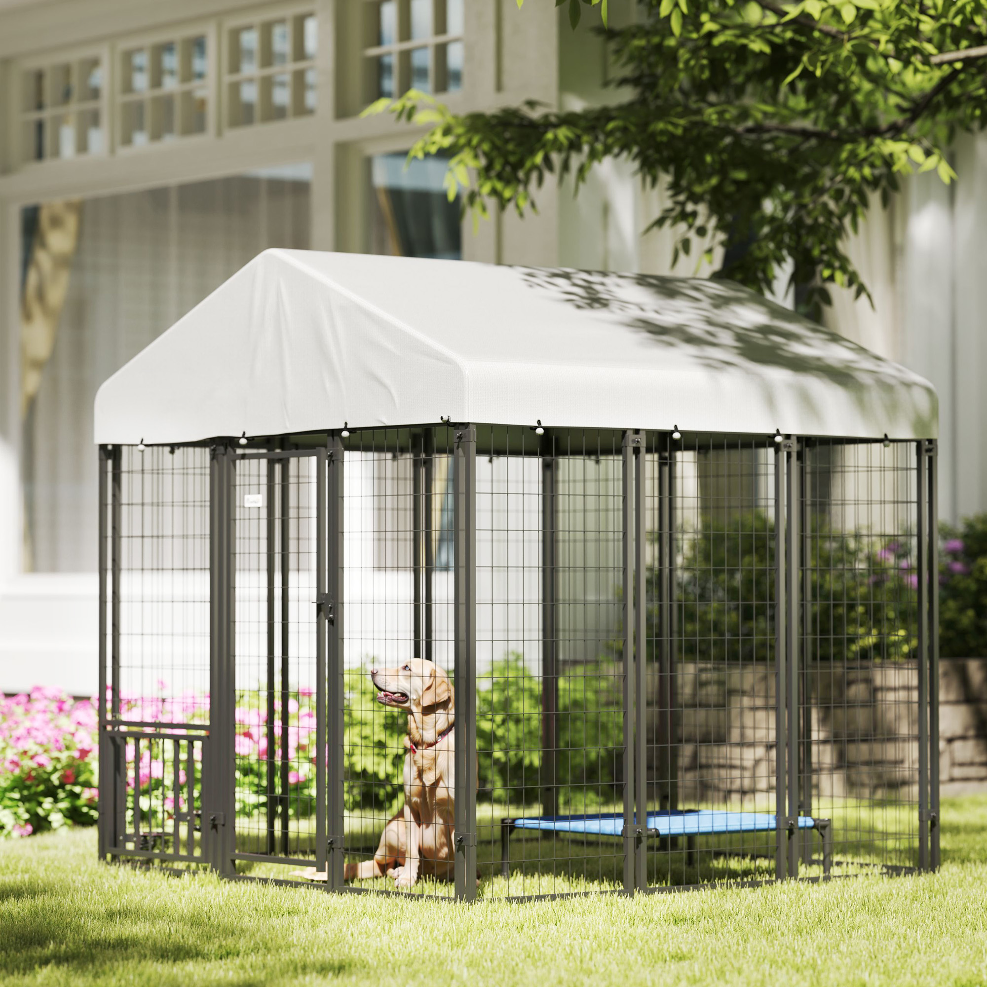 Outdoor Dog Kennel with Waterproof UV-Resistant Cover, Rotating & 4-Level Adjustable Feeding Bowls, 6 x 6 x 6 ft