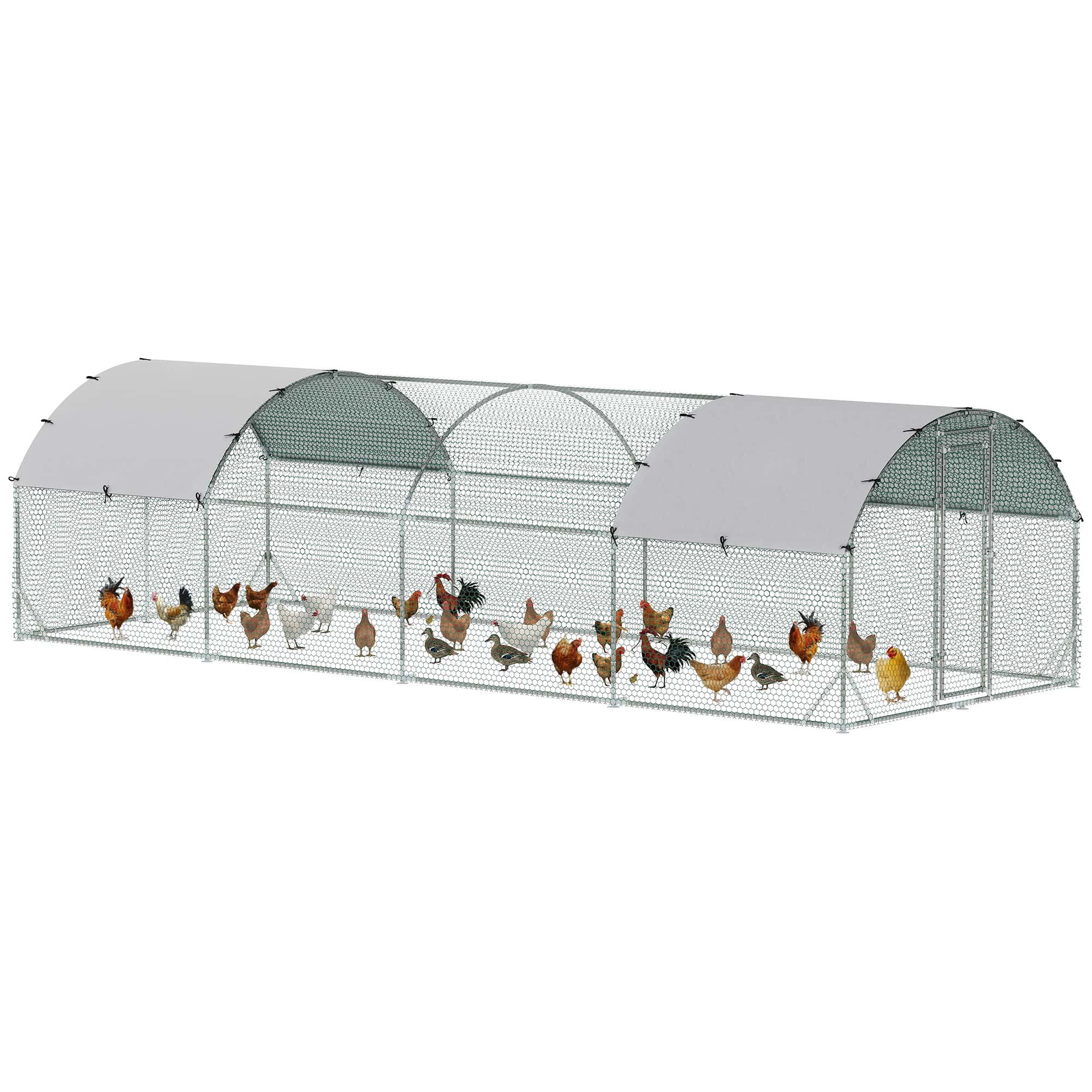 Galvanized Large Metal Chicken Coop Cage Walk-in Enclosure Poultry Hen Run House Playpen Rabbit Hutch with Cover for Outdoor Backyard 9.2' x 24.9' x 6.5' Silver
