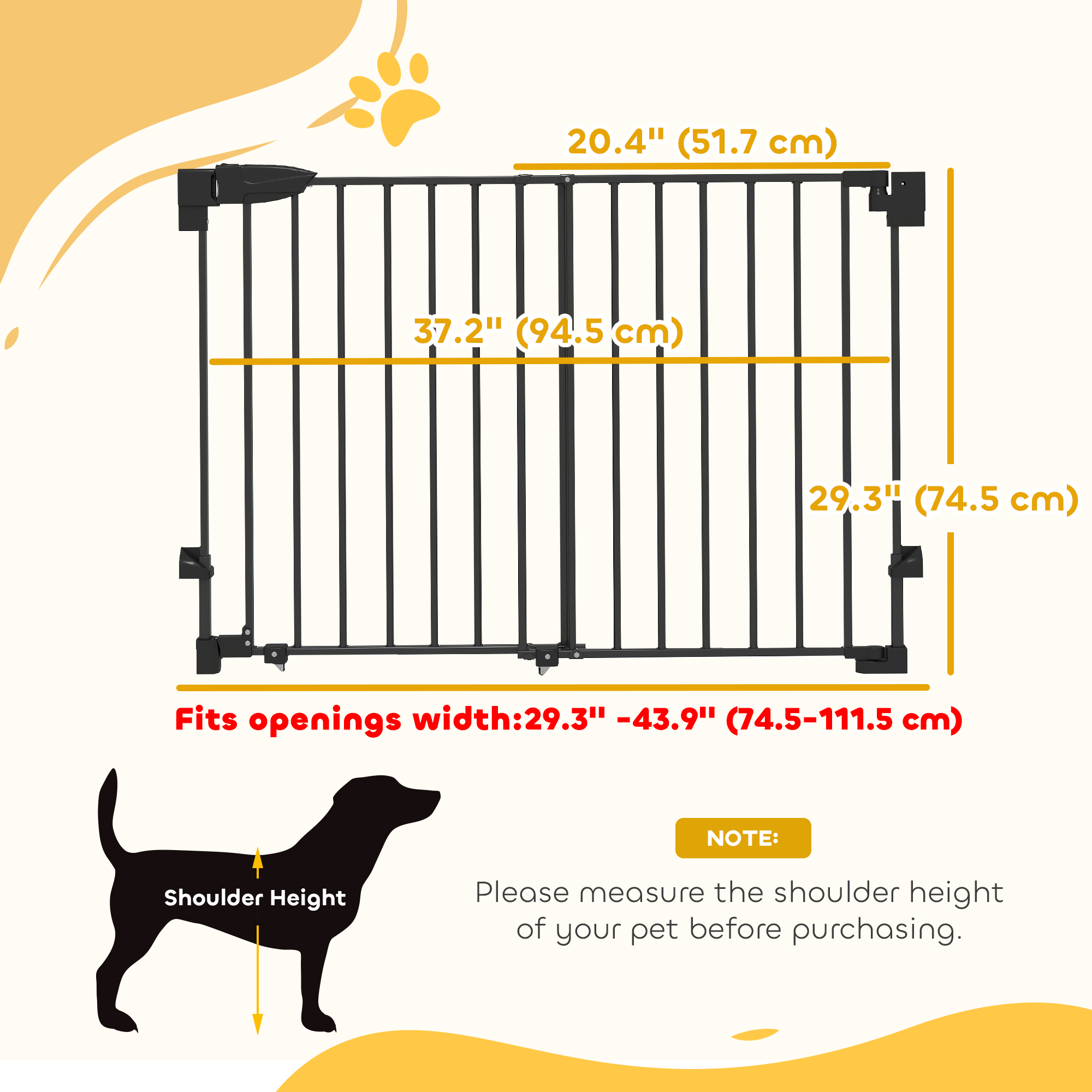 29"-44" Wide Dog Gate, 29" H, Pet Gate with Auto-Close, Single Hand Operation, Wall-Mounted, No-Threshold Design