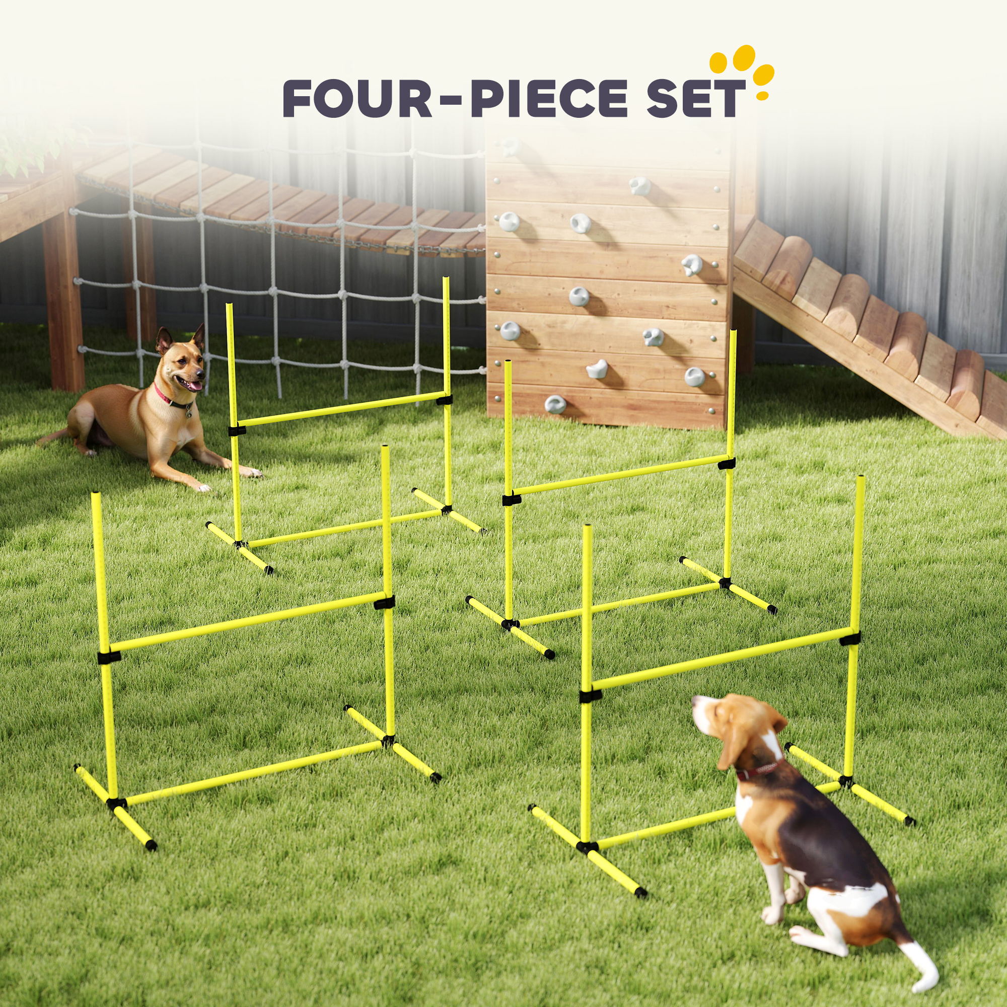 Set of 4 Dog Agility Training Equipment Adjustable Jump Bar Pet Exercise Kit with Carrying Bag (Yellow)