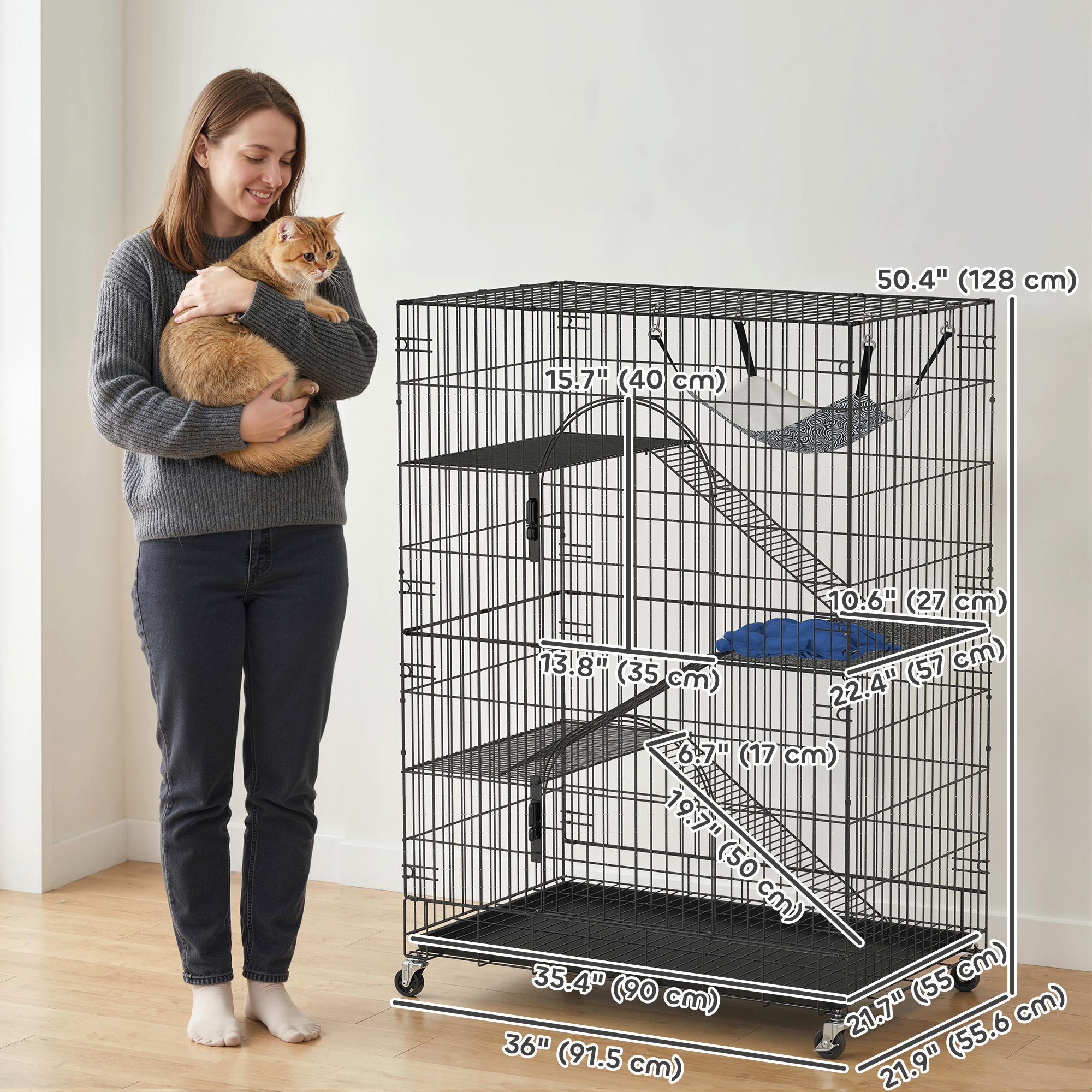 4-Tier Cat Cage, Large Cat Enclosure with Lockable Wheels, Tray, Hammock, Bed, 3 Ramp, 3 Platforms for 3-5 Kittens