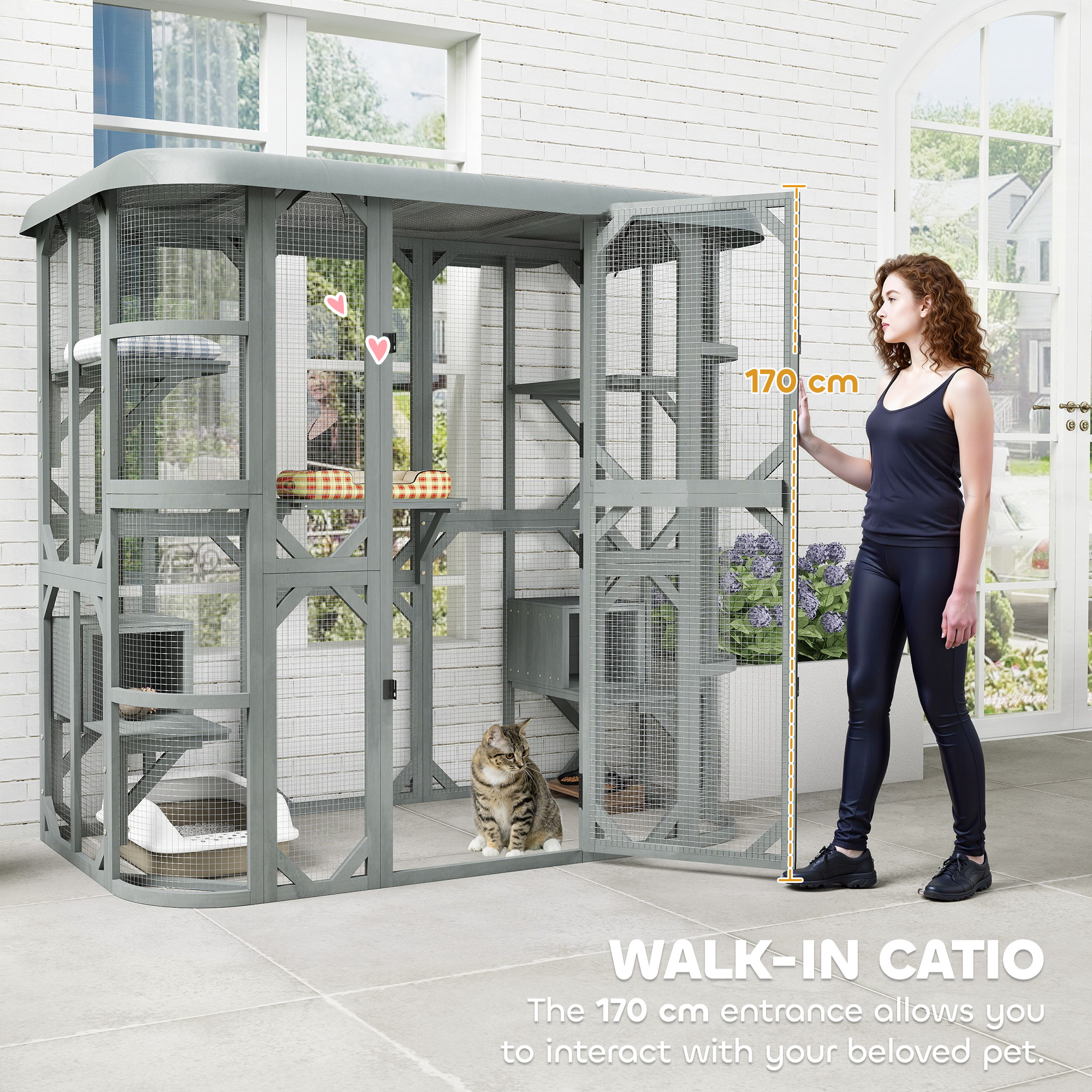 Catio Outdoor Cat Enclosure, 71" Wooden Cat House with Platforms, Condos and Waterproof Cover for 2–3 Kittens, Grey