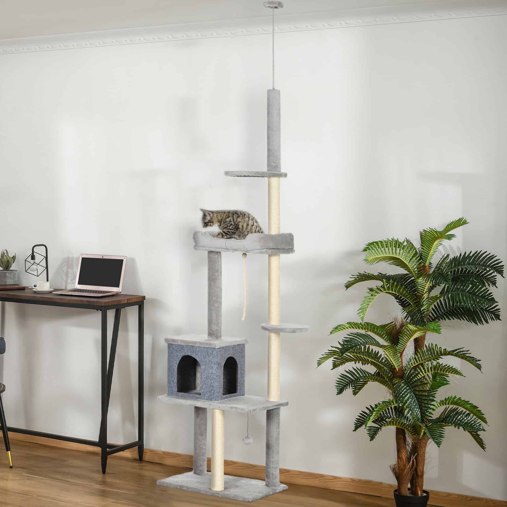 Cat Tree Floor to Ceiling Cat Tower Height Adjustable(85-101 Inches), Tall Large Cat Climbing Activity Center with Scratching Posts Cat Condo Cozy Bed, Grey