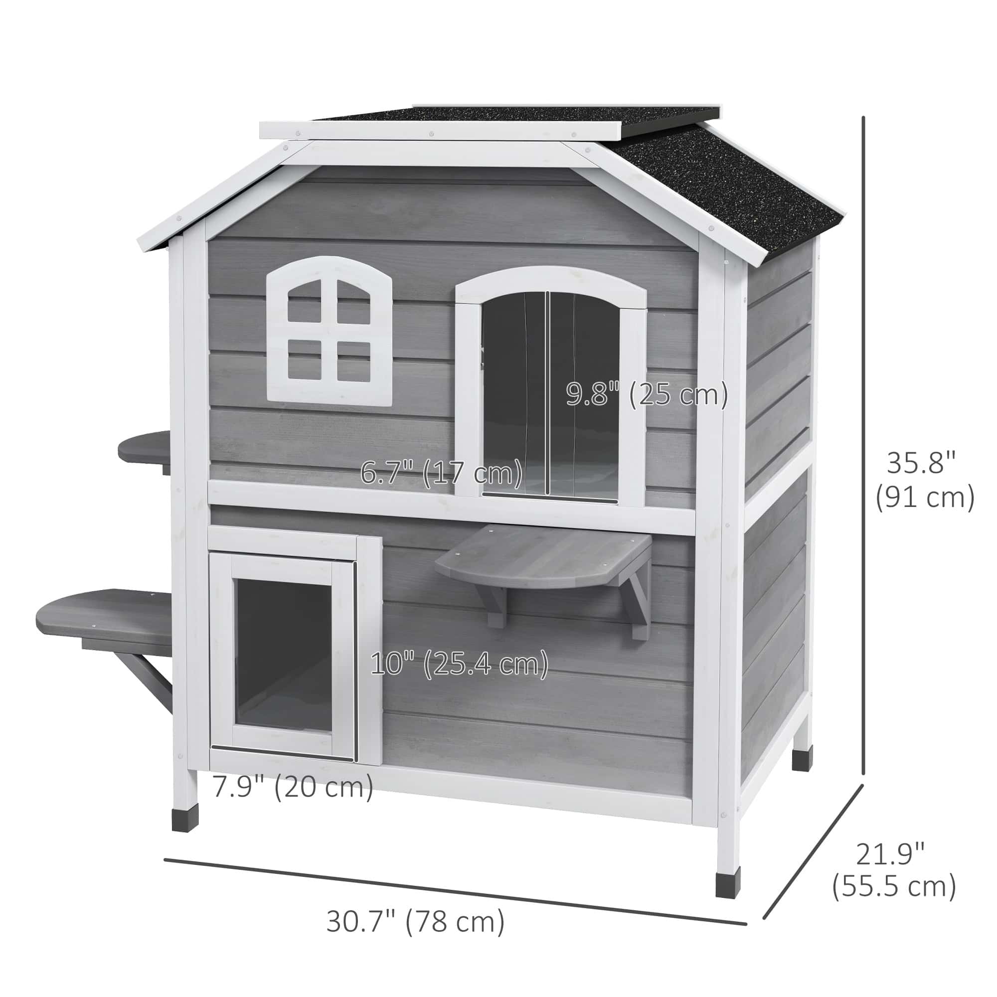2-Storey Outdoor Cat House, Wooden Catio with Openable Roof, Lounge Space, Fun Entrances, for Feral Cats, Grey