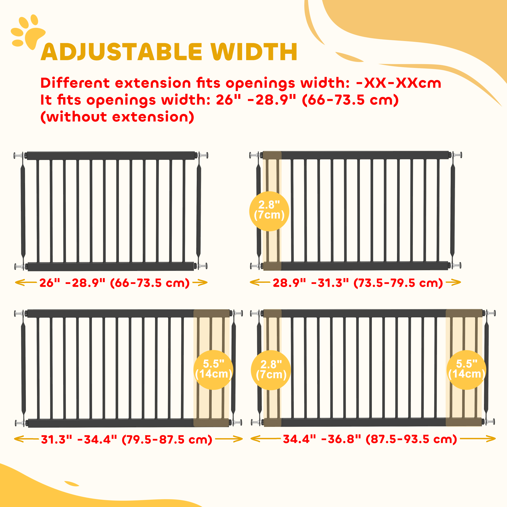 26"-37" Dog Gate, Adjustable Pet Gate, Fits 18" Tall with 2 Extension, Pressure Mount Kit for Stairs and Doorways, Black