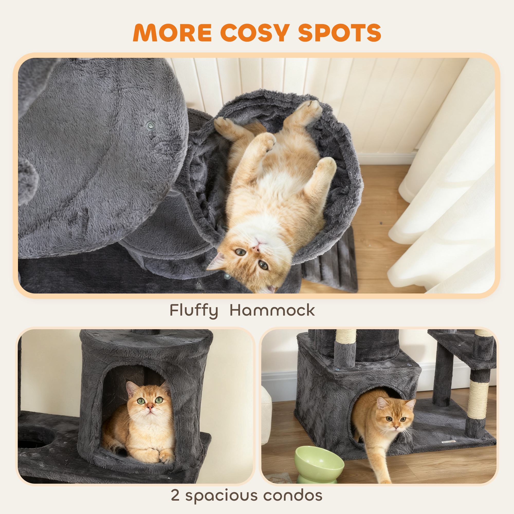 67" Large Cat Tree with 7 Scratching Posts, Tunnel, 2 Condos, Hammock, Perch, Ramp, Pompoms, Dark Grey - Image 7