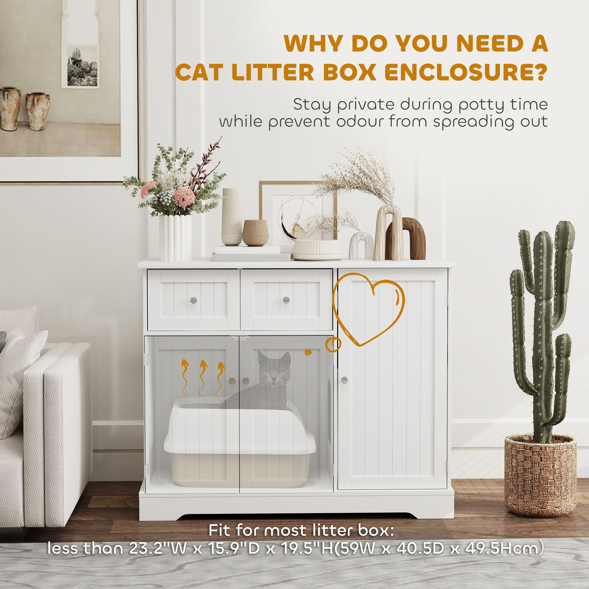 Cat Litter Box Enclosure with Drawer, Storage, Anti-tip Kit, for Living Room, Bedroom, White