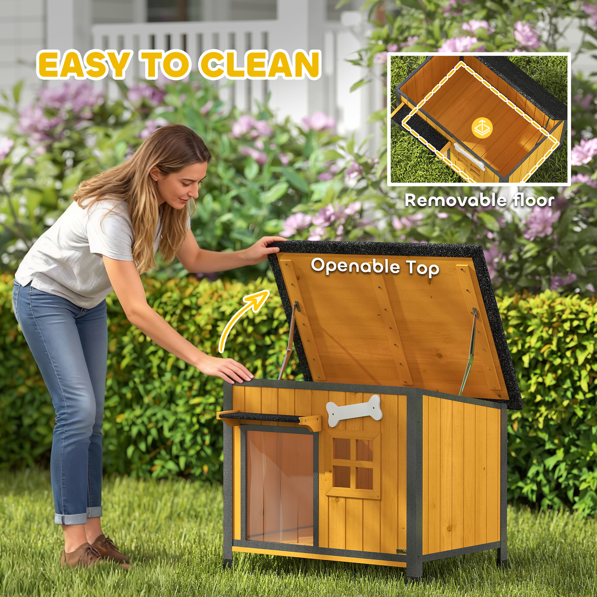 Outdoor Dog House with Anti-Chewing Steel Frame, Openable Roof, Removable Floor, Door Curtain, Yellow