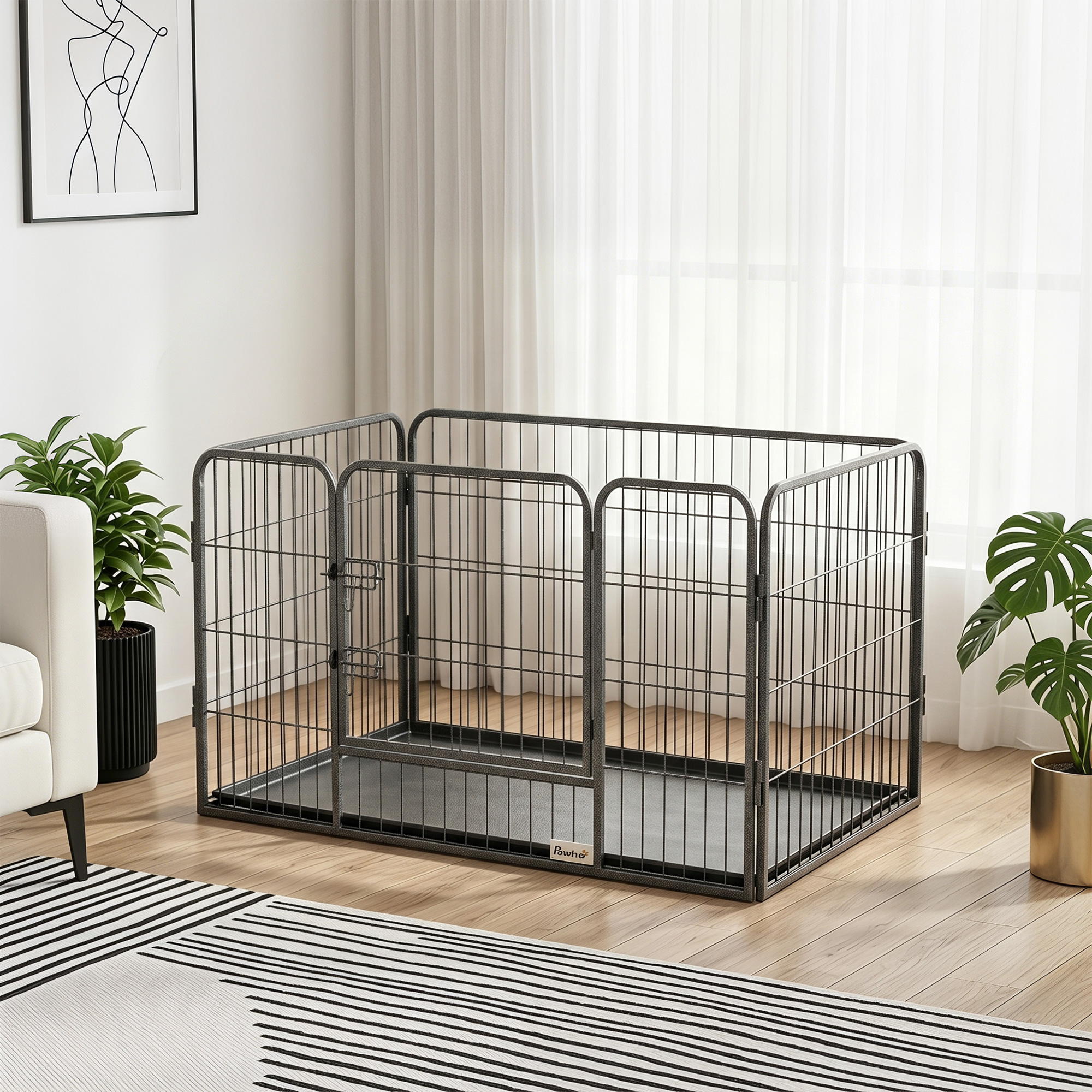 4 Panels Dog Playpen, Heavy Duty Dog Fence, 28" H Portable Pet Playpen with Door Double Locking Latches, Tray, Grey