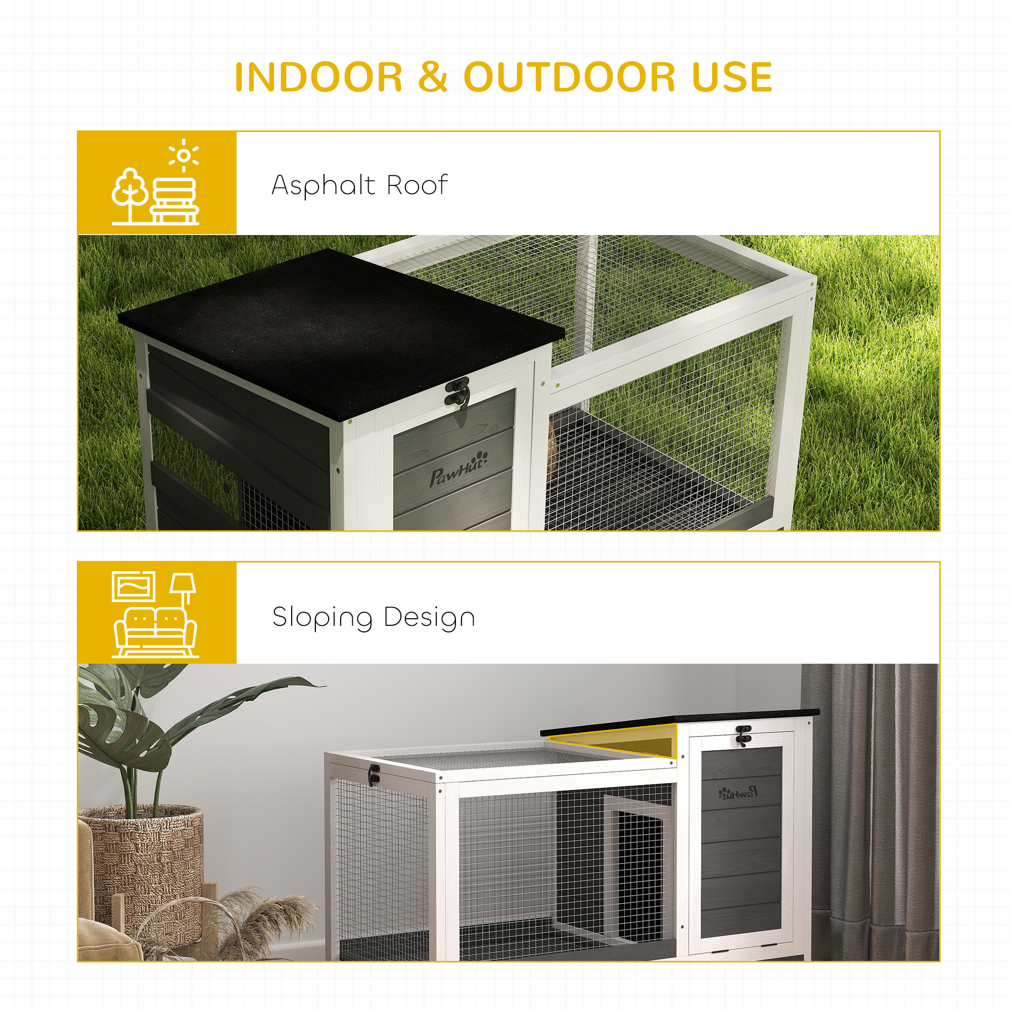 Wooden Rabbit Hutch with Pull-Out Tray, Asphalt Openable Roof, Small Animal Cage on Wheels with Run, Grey
