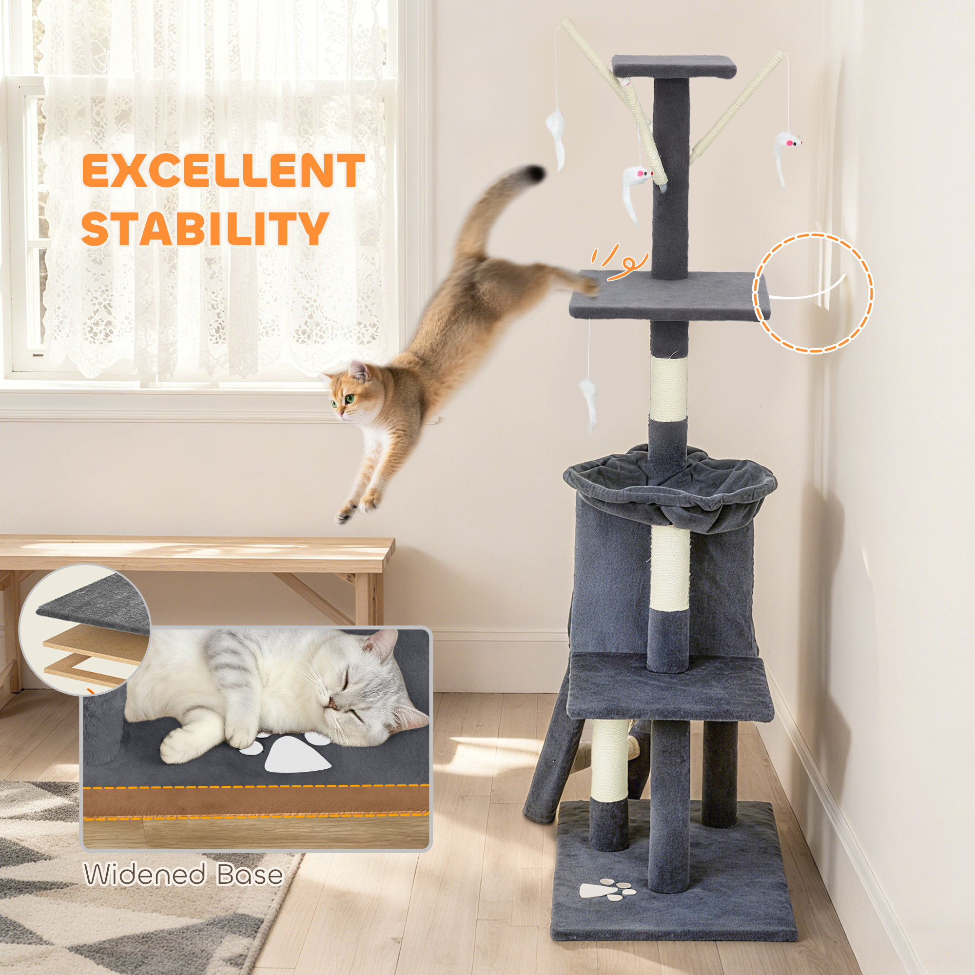 53" Cat Tree Tower, Kitten Activity Centre with Scratching Posts, Condo, Perches, Ladder, Hammock, Dangling Toys, Dark Grey