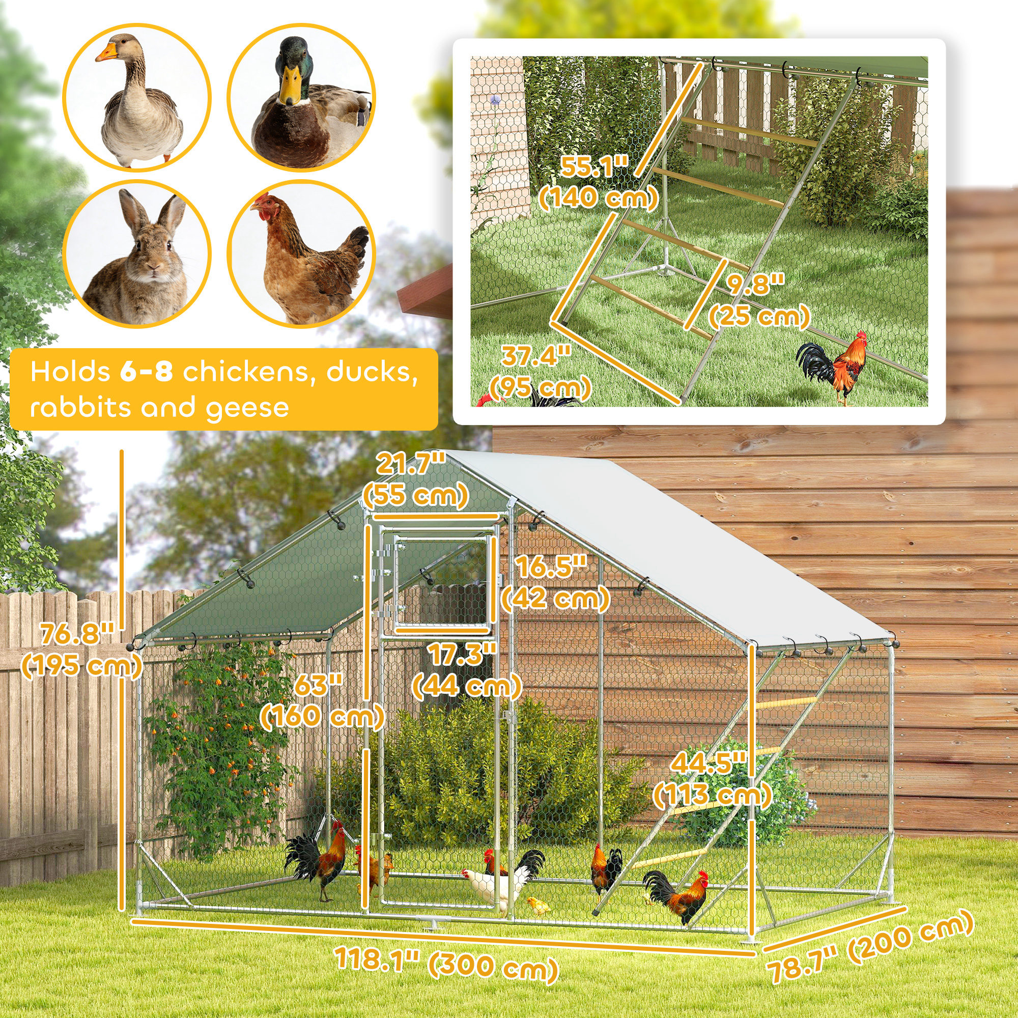 Large Metal Chicken Run with Waterproof & UV-Resistant Cover, Feeding Door, Hanging Feeder, Perch for 6-8 Chickens - Image 3