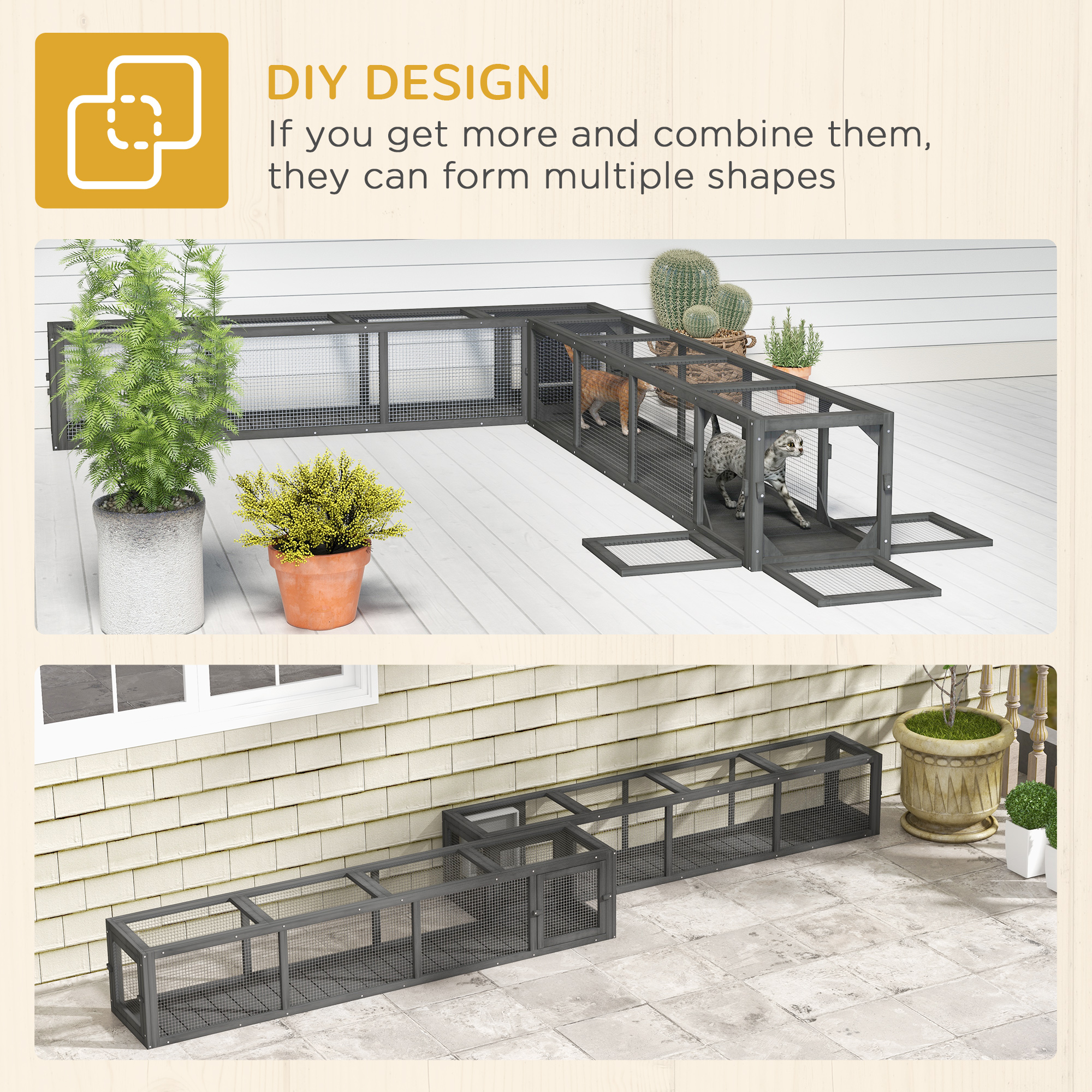 79" Long Cat Tunnel, Cat shelter L- Shape with Extendable Design, Cat Enclosure for Indoor/Outdoor Use, Lead Grey