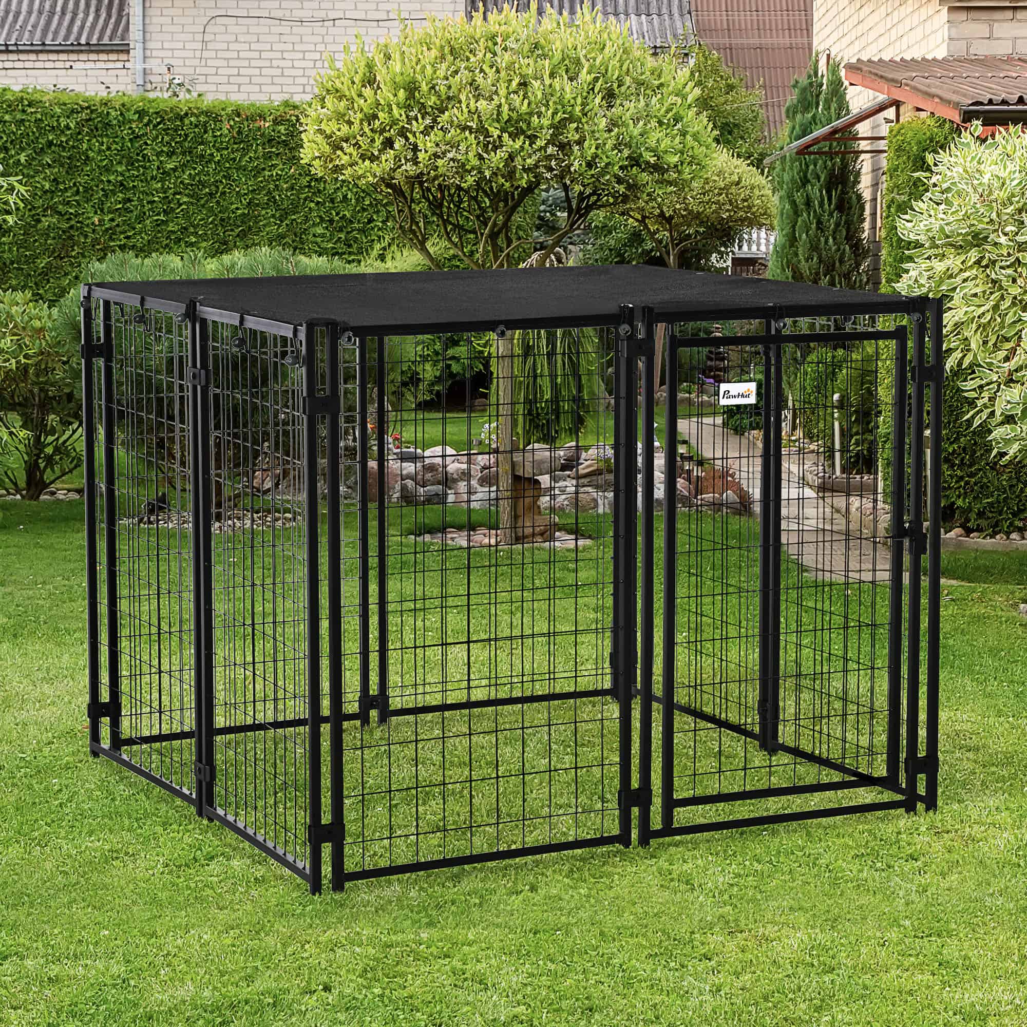 Outdoor Dog Kennel, Lockable Pet Playpen Crate with Top Cover, Black
