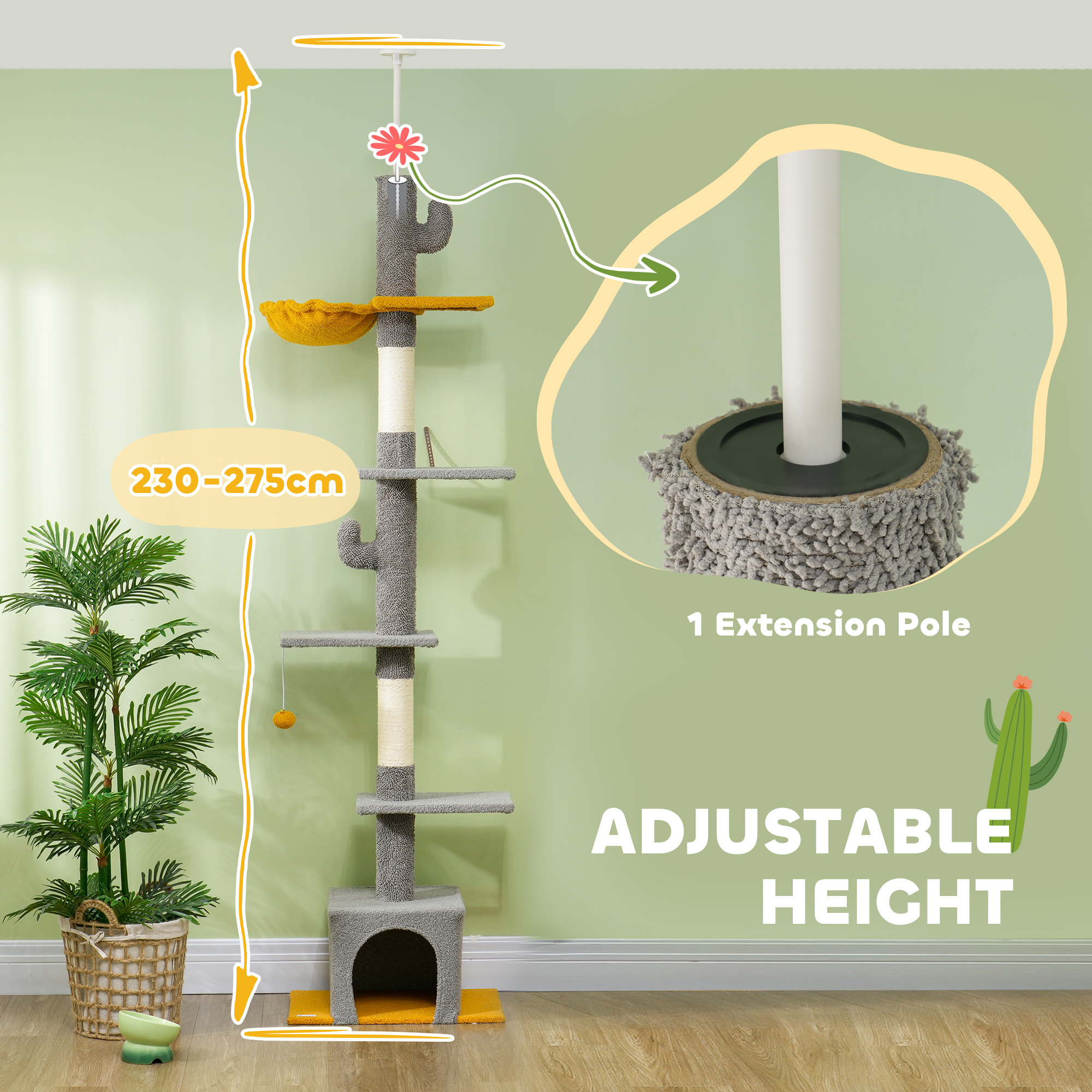 Floor to Ceiling Cat TreeTower with 90.5"-108" Adjustable Height, Scratching Posts, Hammock, Comdo, Toy Ball, Light Grey - Image 4