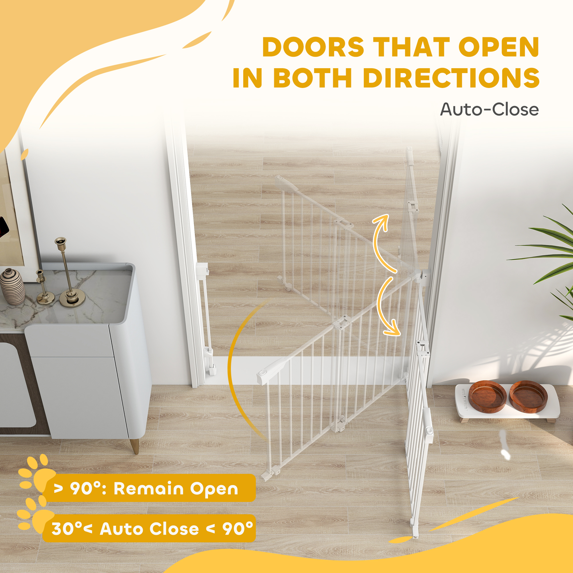 29"-44" Wide Dog Gate, 29" H, Pet Gate with Auto-Close, Single Hand Operation, Wall-Mounted, No-Threshold Design