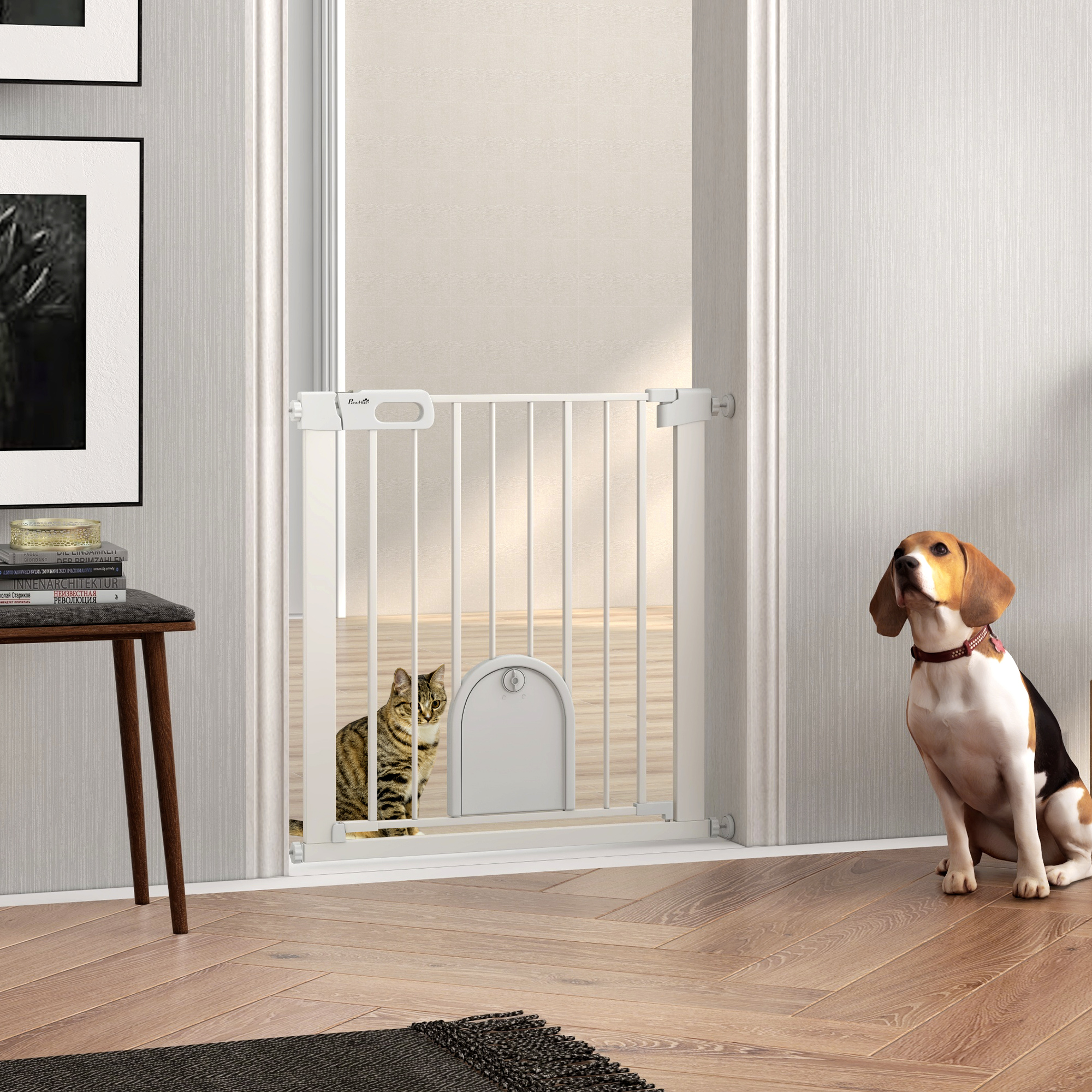 30"-32" Extra Wide Pet Gate Barrier with Small Door, 30"H Dog Gate with Safety Gate Barrier, Stair Pressure Fit, White