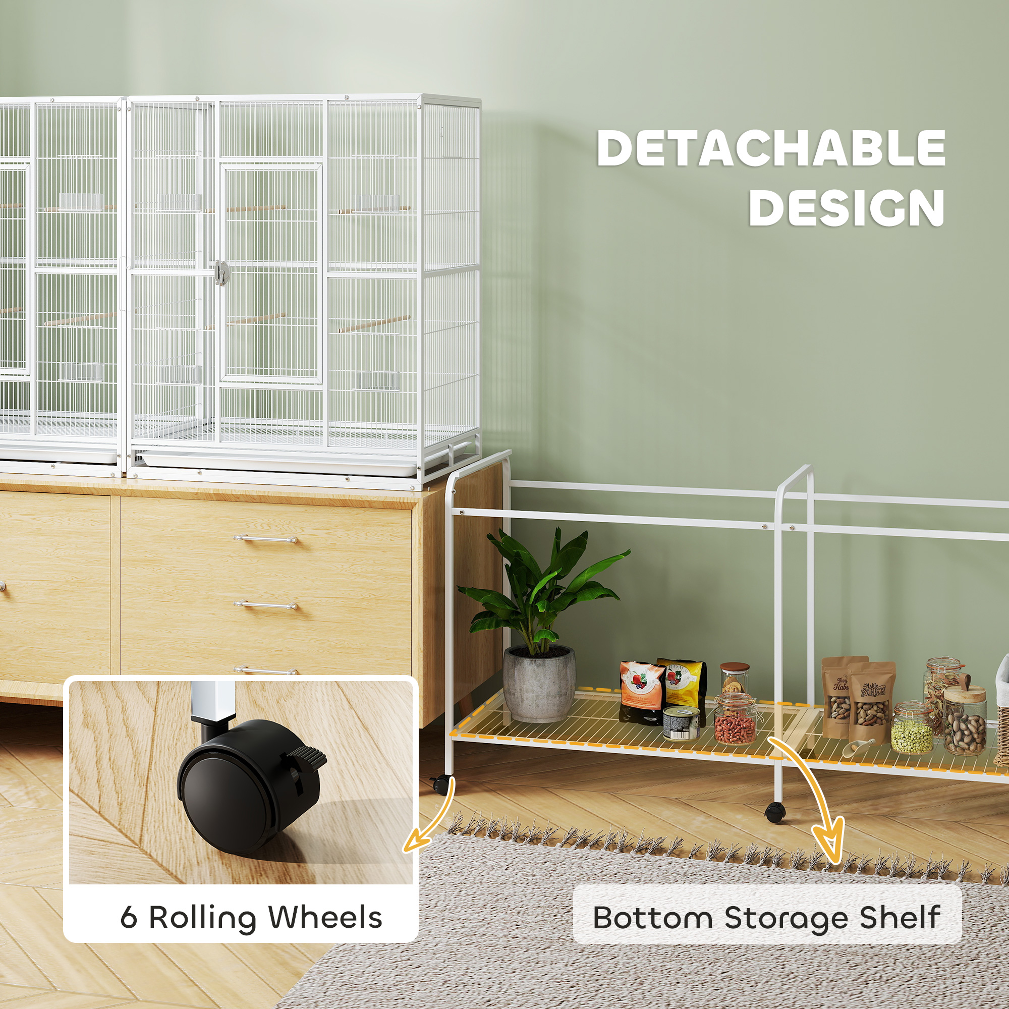 64" Large Rolling Bird Cage Bird House with Detachable Rolling Stand, Storage Shelf, Wood Perch Food Container, White