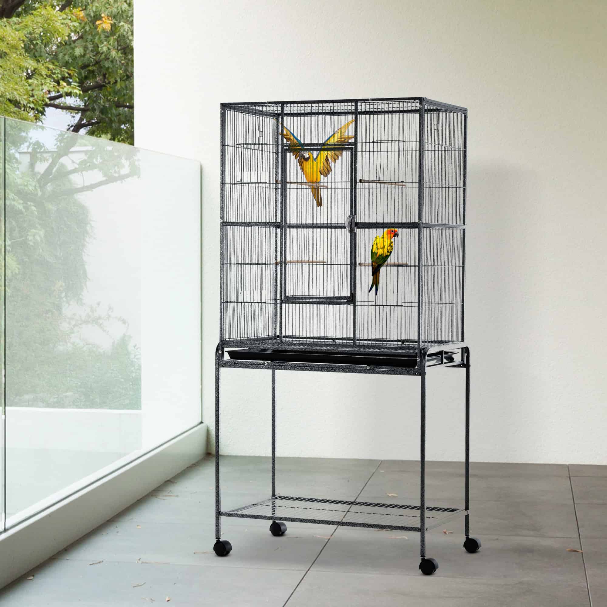 Large Rolling Metal Bird Cage Bird House with Detachable Rolling Stand, Storage Shelf, Wood Perch Food Container - Black