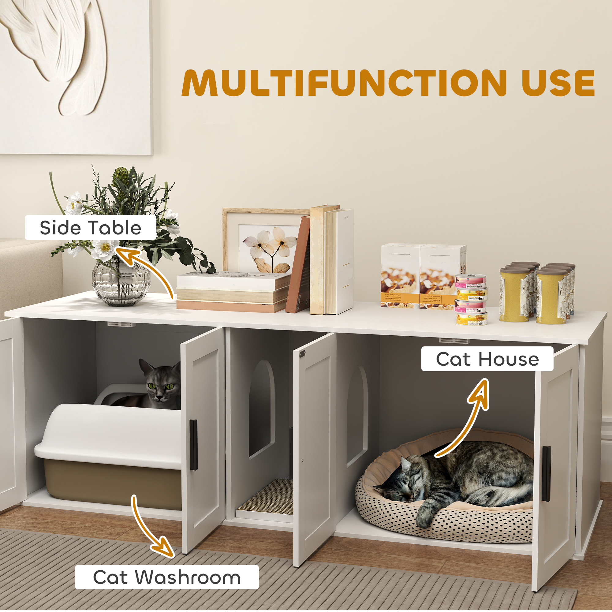 Cat Litter Box Enclosure with Double Room, Scratching Board for 2 Cats, 57" x 19" x 20", White - Image 4