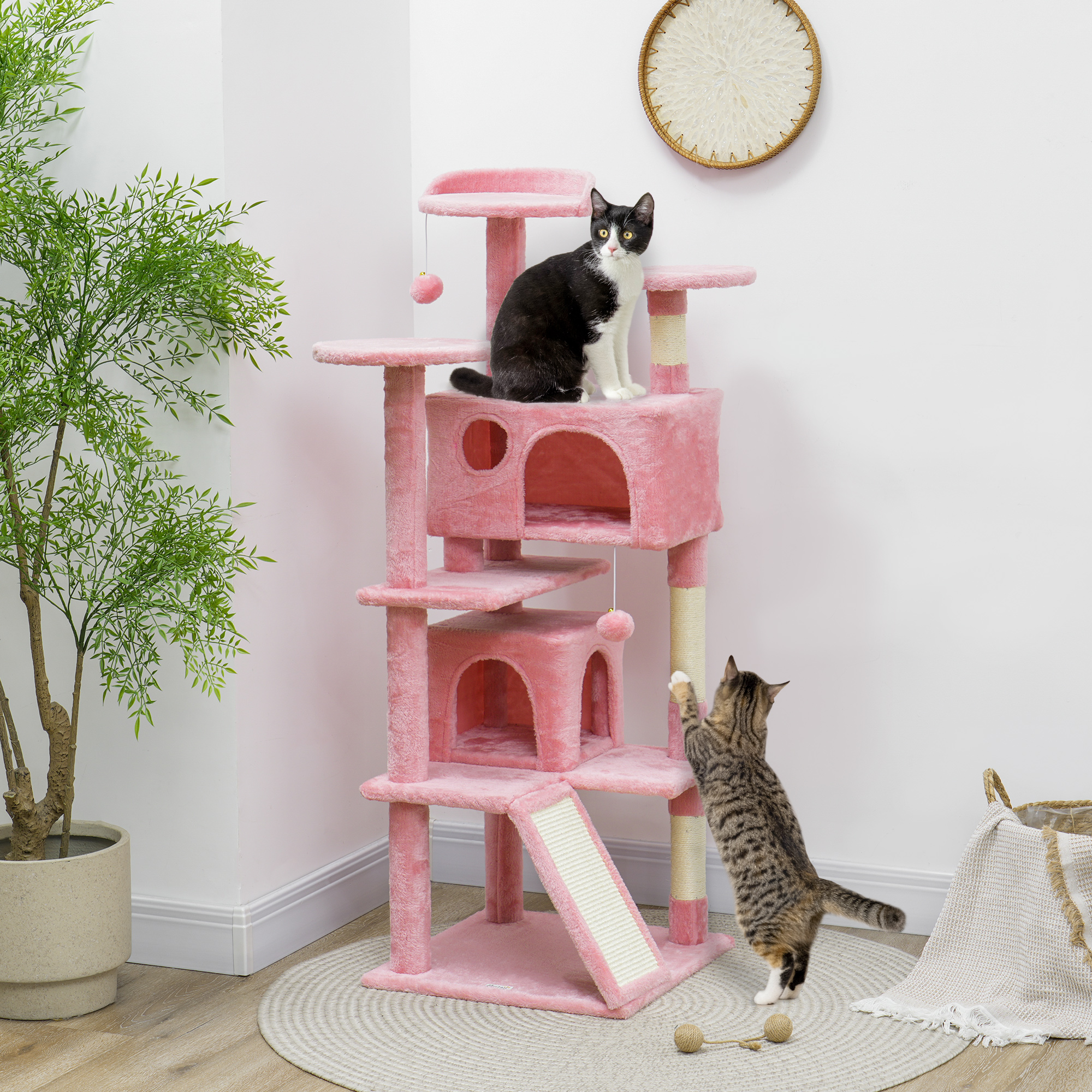 54" Cat Tree, Multi-Level Cat Tower with Scratching Posts, Cat Condos, Bed, Platforms, Ramp, Toy Ball, Pink