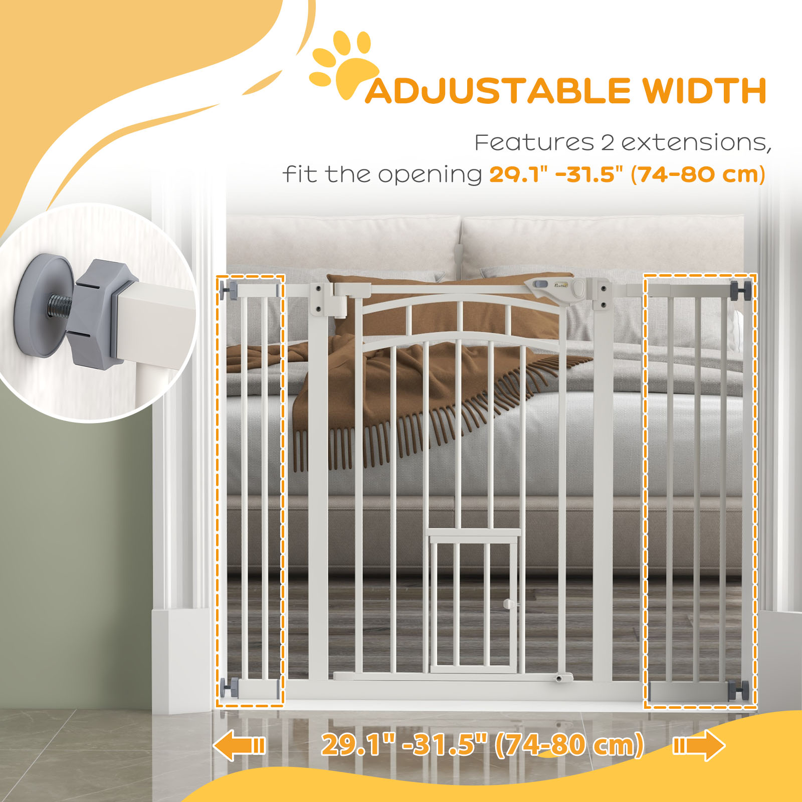 Auto-Close Pet Gate, Stair Gate with Cat Door, Double Locking for Doorways Hallways Stairs, Fits 29"-39.4" Wide, White