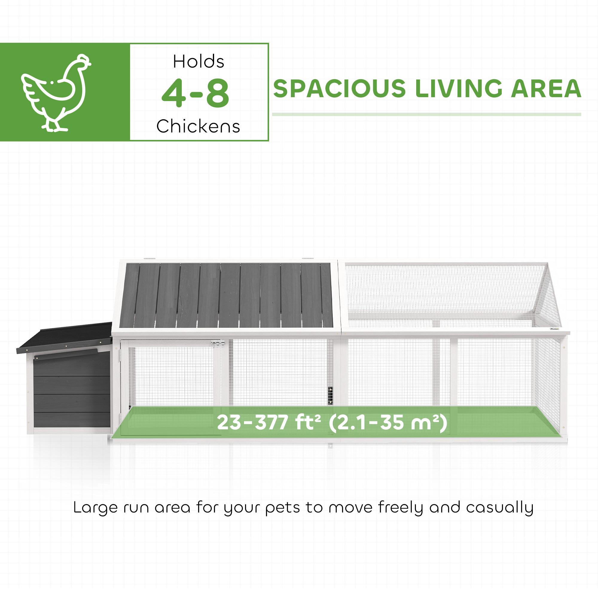 95"L Chicken Run Large Chicken Coop with Nesting Box Wooden Roof Side Door for Outdoor 4–8 Chickens