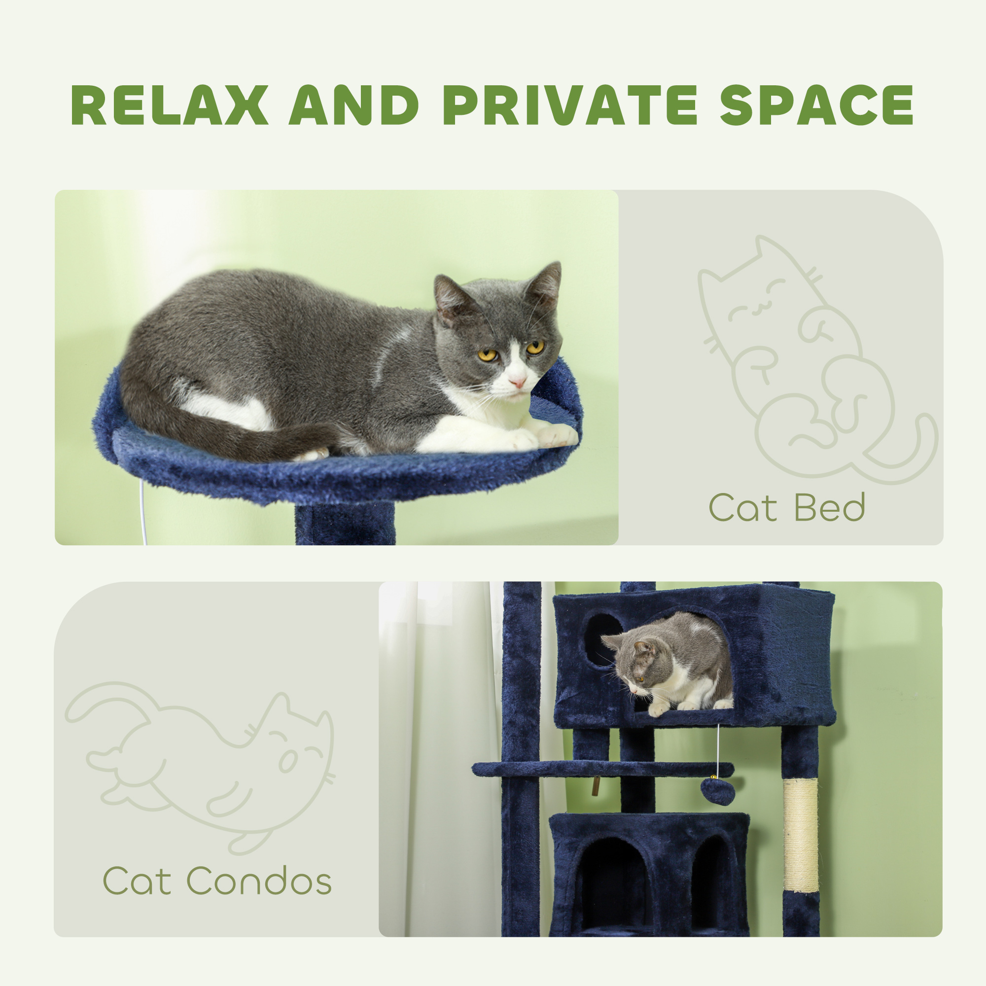 54" Cat Tree, Multi-Level Cat Tower with Scratching Posts, Cat Condos, Bed, Platforms, Ramp, Toy Ball, Dark Blue