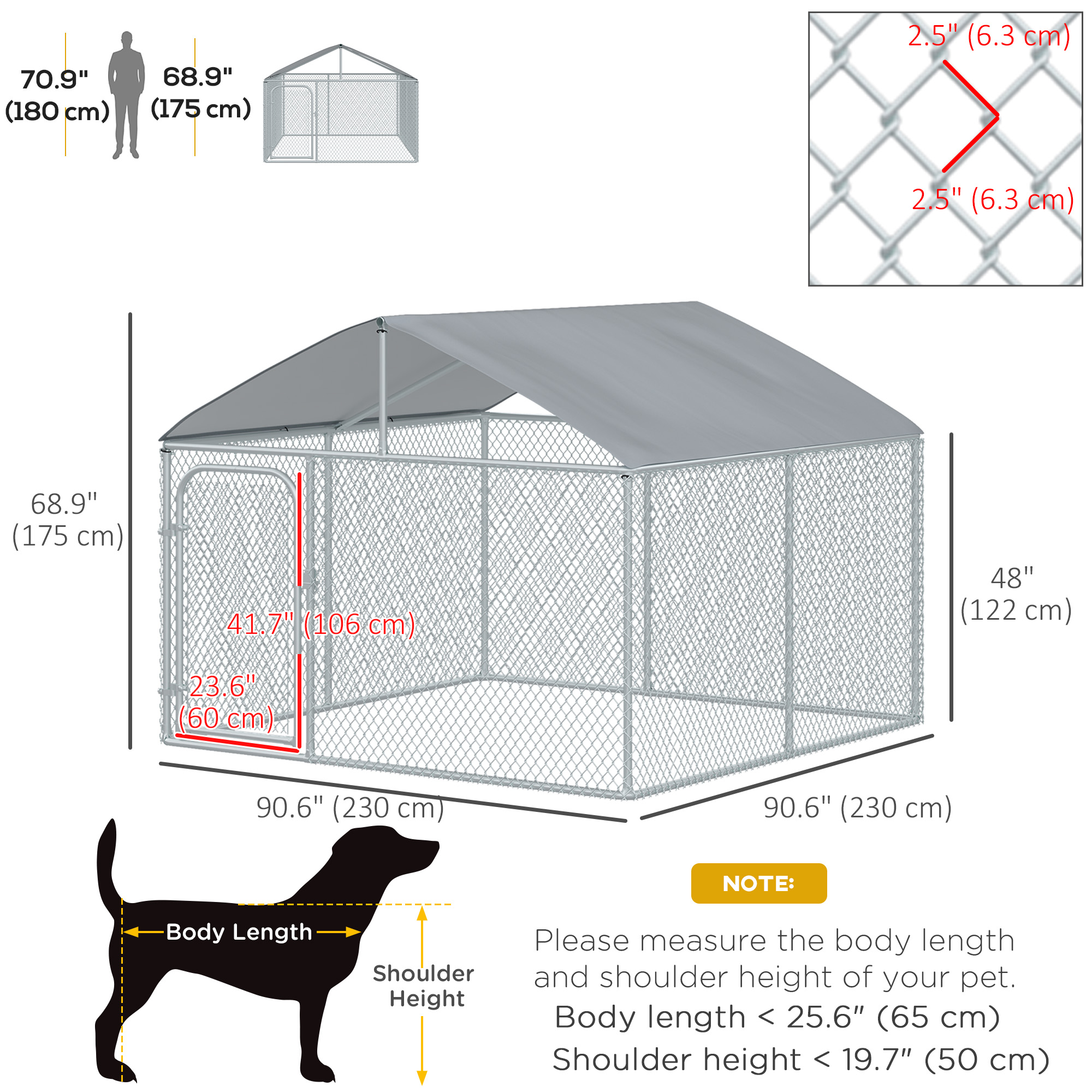 Outdoor Dog Kennel with Roof, Dog Run with Waterproof & UV-Resistant Cover, Secure Lock, for Backyard & Patio, 7.5' x 7.5' x 5.7'