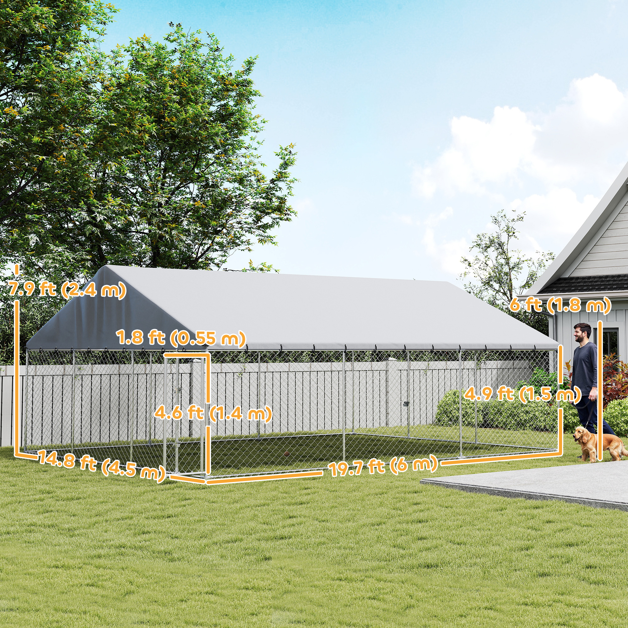 Galvanized Steel Outdoor Dog Kennel with Roof, Safety Locks, for Backyard, 19.7' x 14.8' x 7.9'