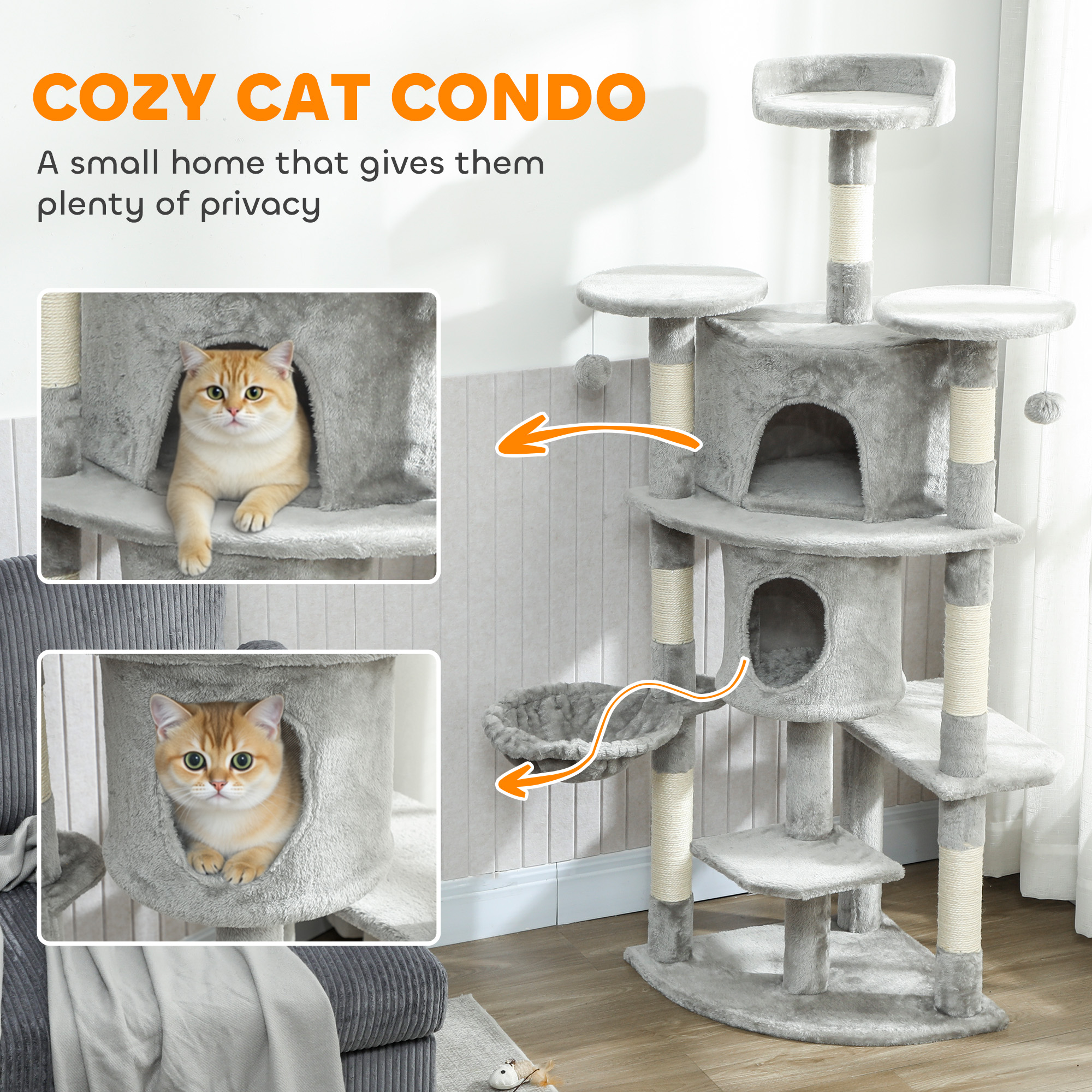 62" Cat Tree with Scratching Post, 2 Condos, Hammock, Perches, Plush, Pompoms, for Indoor Cats, Light Grey
