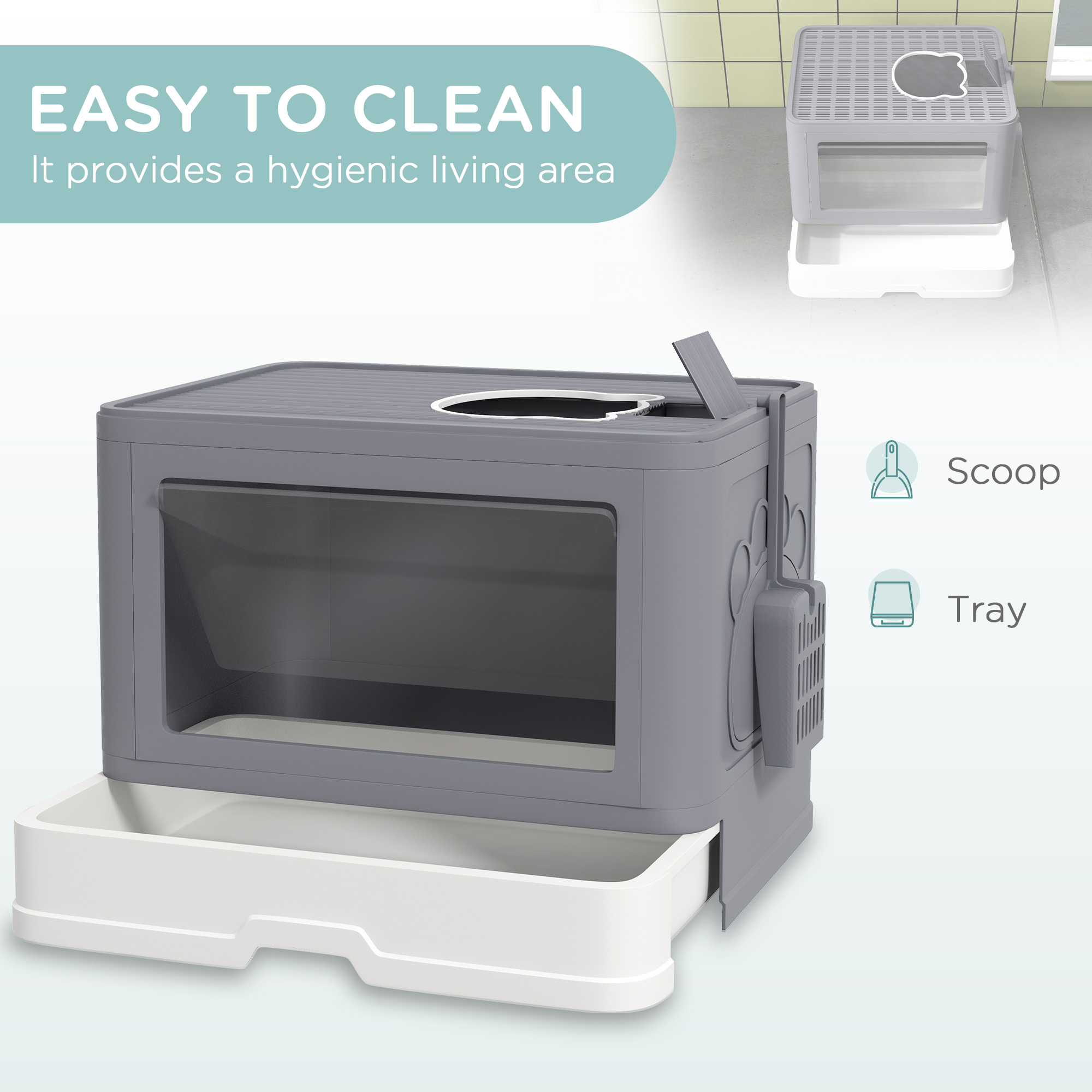 Cat Litter Box, Front Enter & Top Exit Cat Litter Tray with Scoop, Pull-out Tray, Easy to Clean, Grey