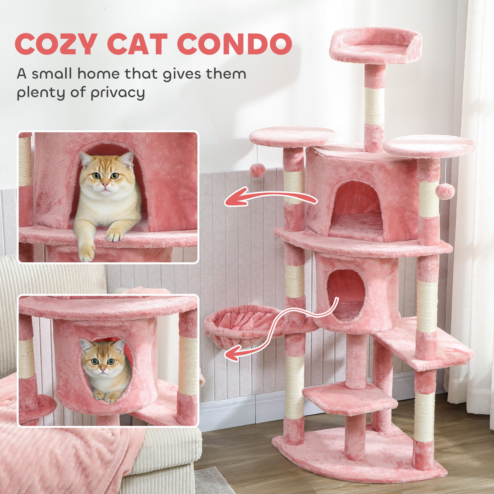 62" Cat Tree with Scratching Post, 2 Condos, Hammock, Perches, Plush, Pompoms, for Indoor Cats, Pink - Image 5